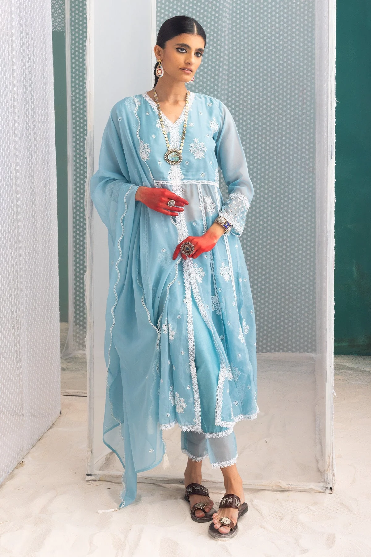 Blue Chikankari Flared Kurta 3 Pcs Set - Image 5