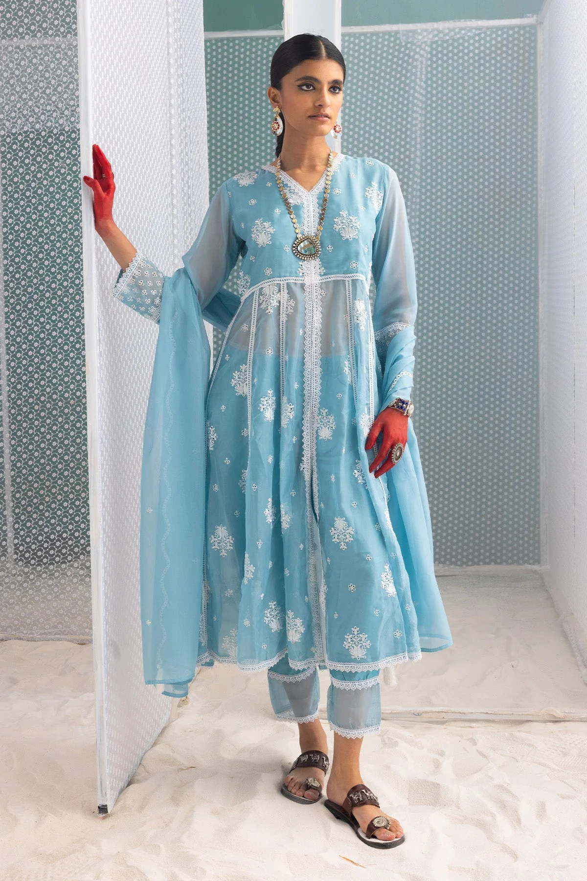 Blue Chikankari Flared Kurta 3 Pcs Set - Image 6