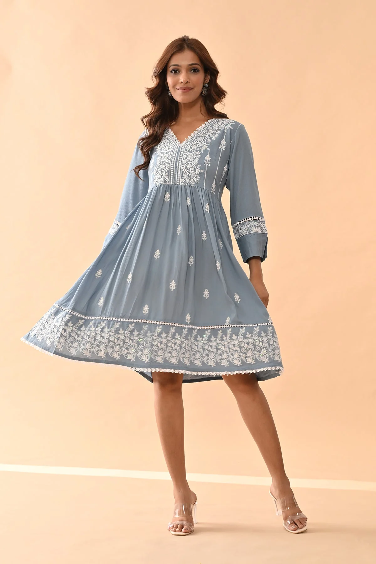 Blue Embroidered Flared Tunic - Image 2