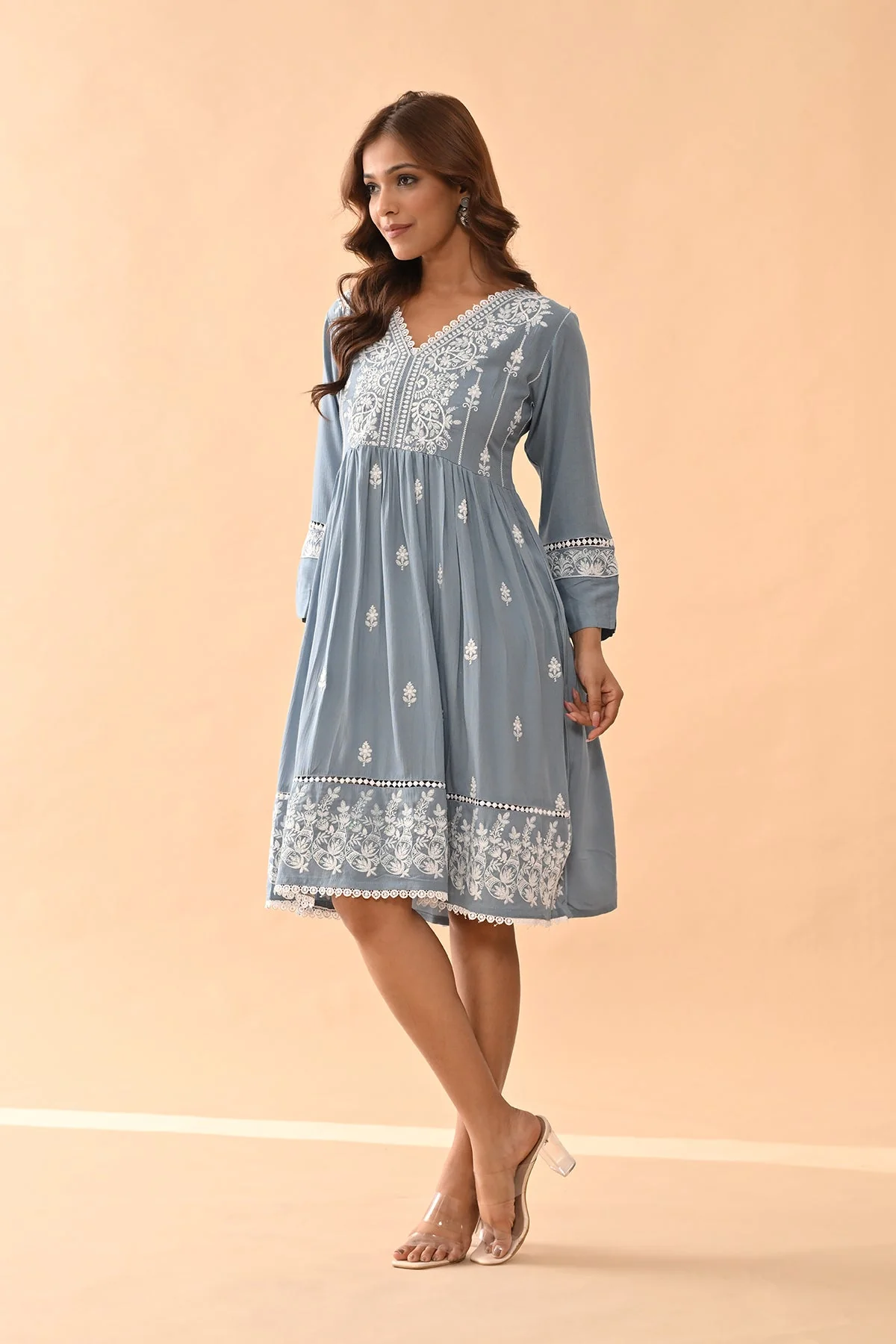 Blue Embroidered Flared Tunic - Image 3