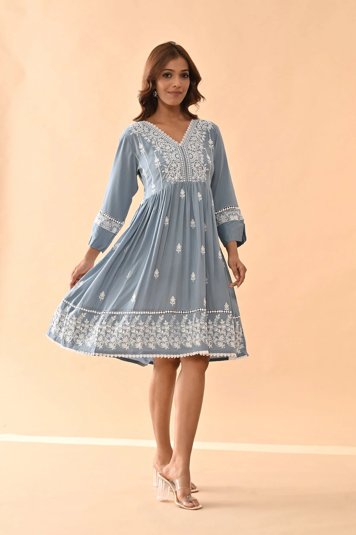 Blue Embroidered Flared Tunic - Image 4