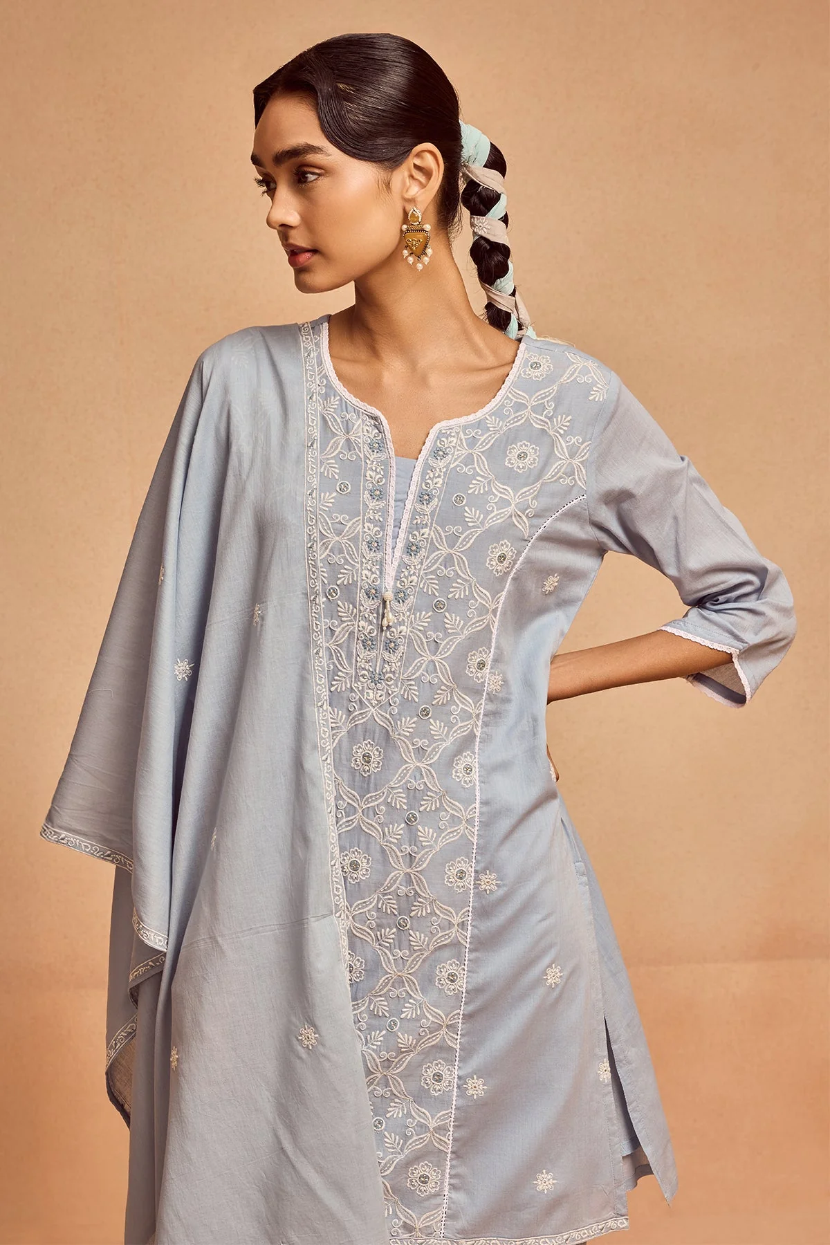Blue Embroidered Kurta 3 Pcs Set - Image 3