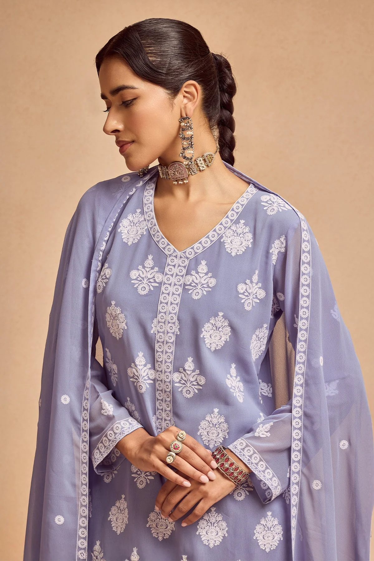 Blue Embroidered Kurta 3 Pcs Set - Image 3