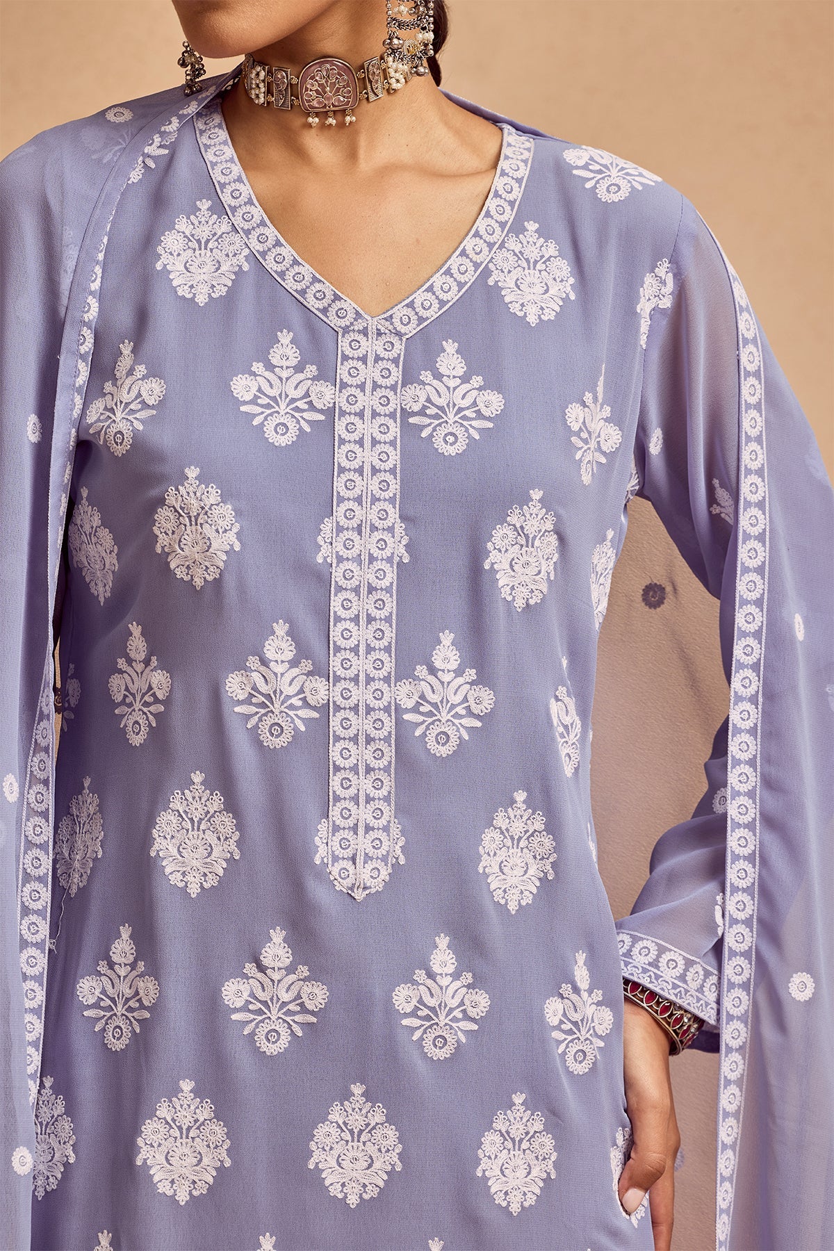 Blue Embroidered Kurta 3 Pcs Set - Image 4