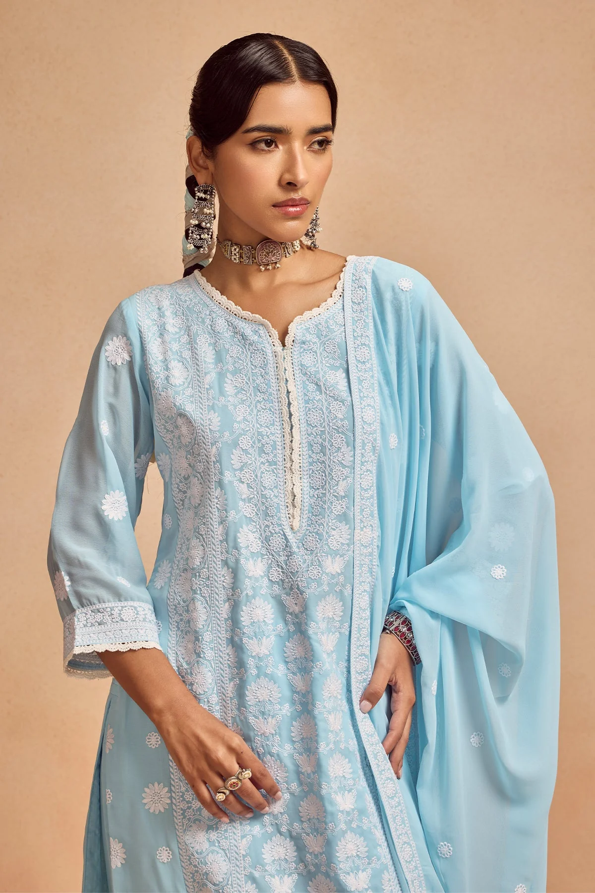 Blue Embroidered Kurta 3 Pcs Set - Image 3
