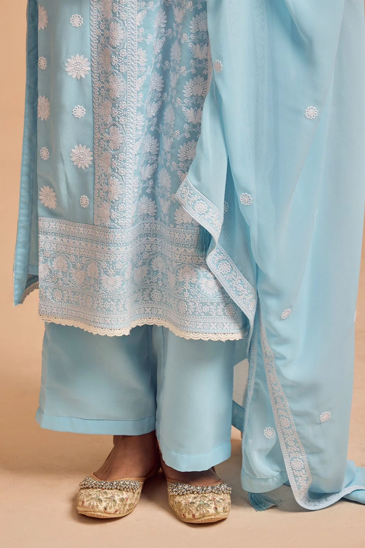 Blue Embroidered Kurta 3 Pcs Set - Image 5