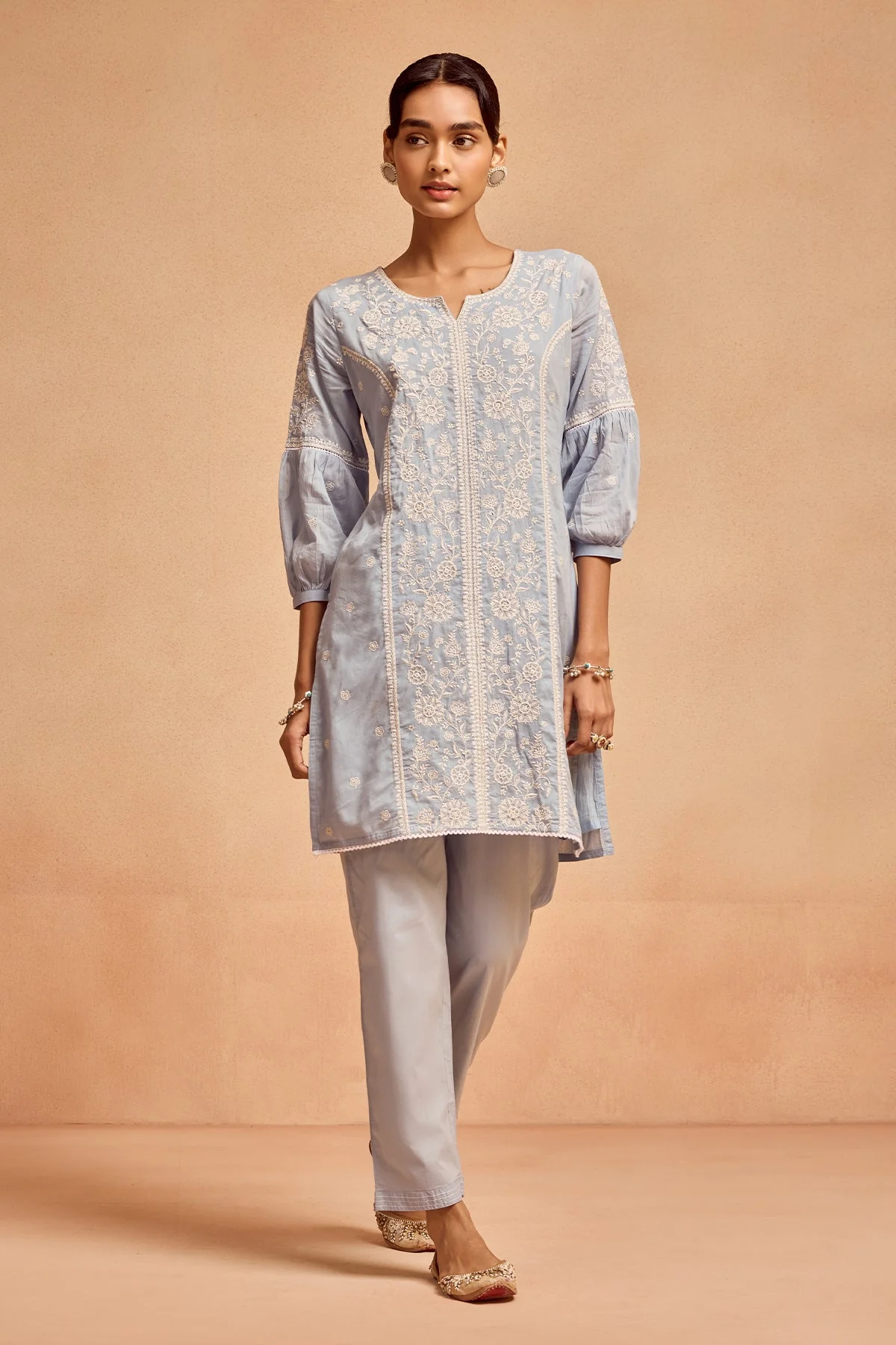Blue Embroidered Kurta 3 Pcs Set - Image 2