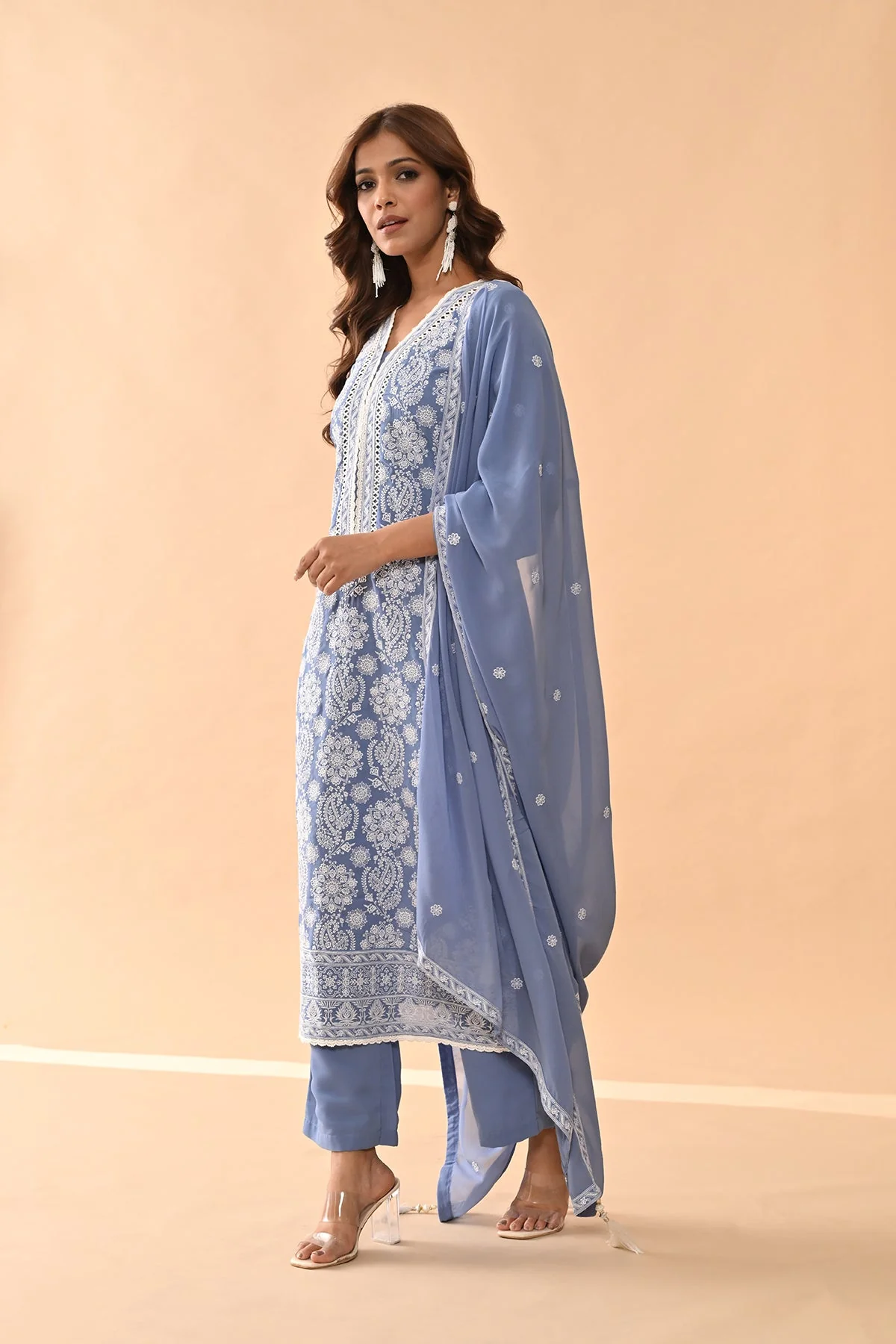 Blue Embroidered Kurta 3 Pcs Set - Image 3