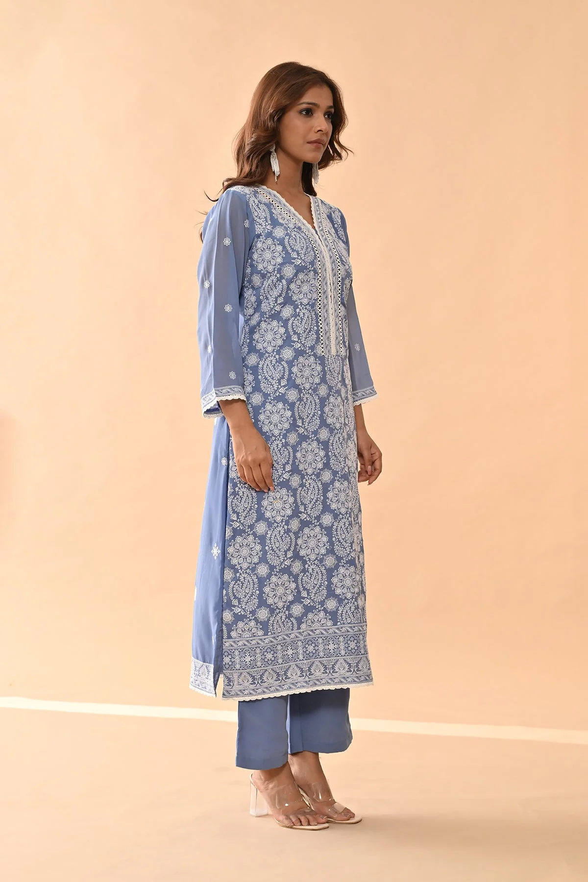 Blue Embroidered Kurta 3 Pcs Set - Image 4