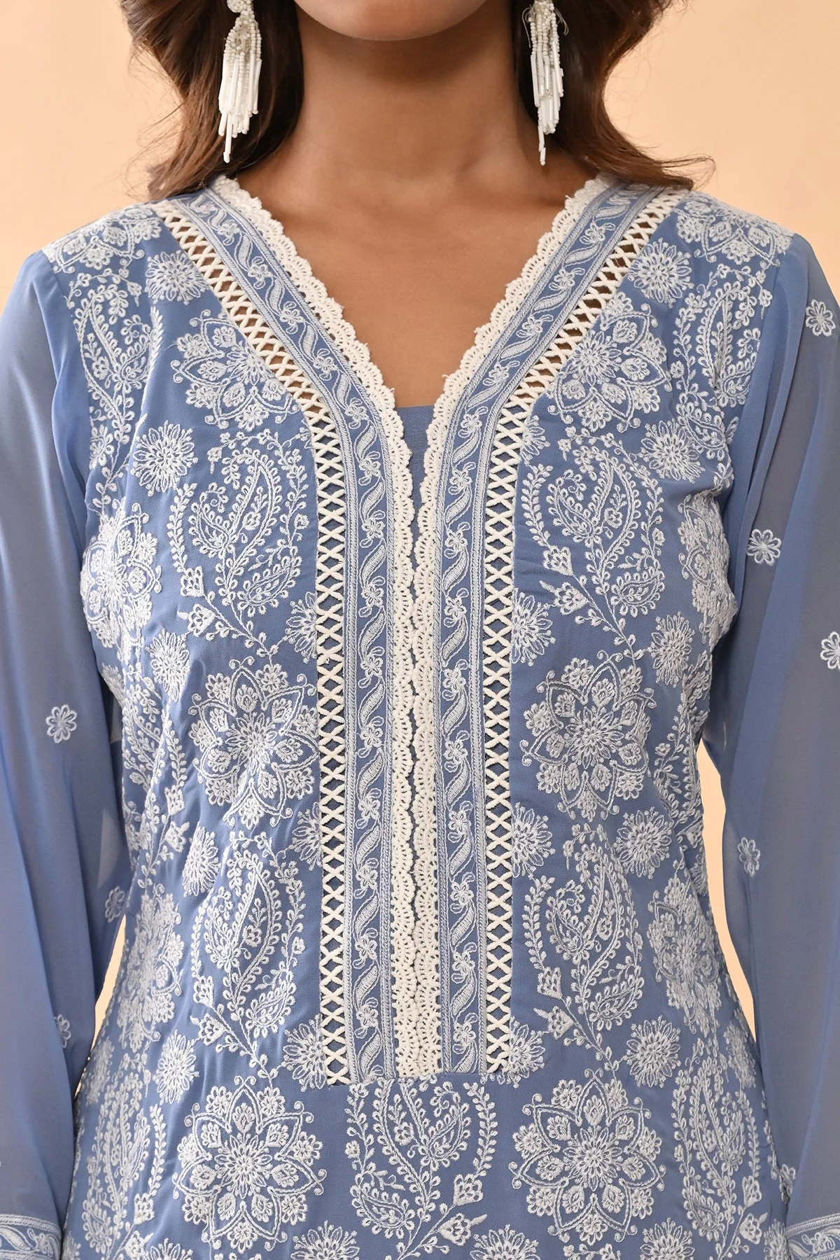 Blue Embroidered Kurta 3 Pcs Set - Image 5