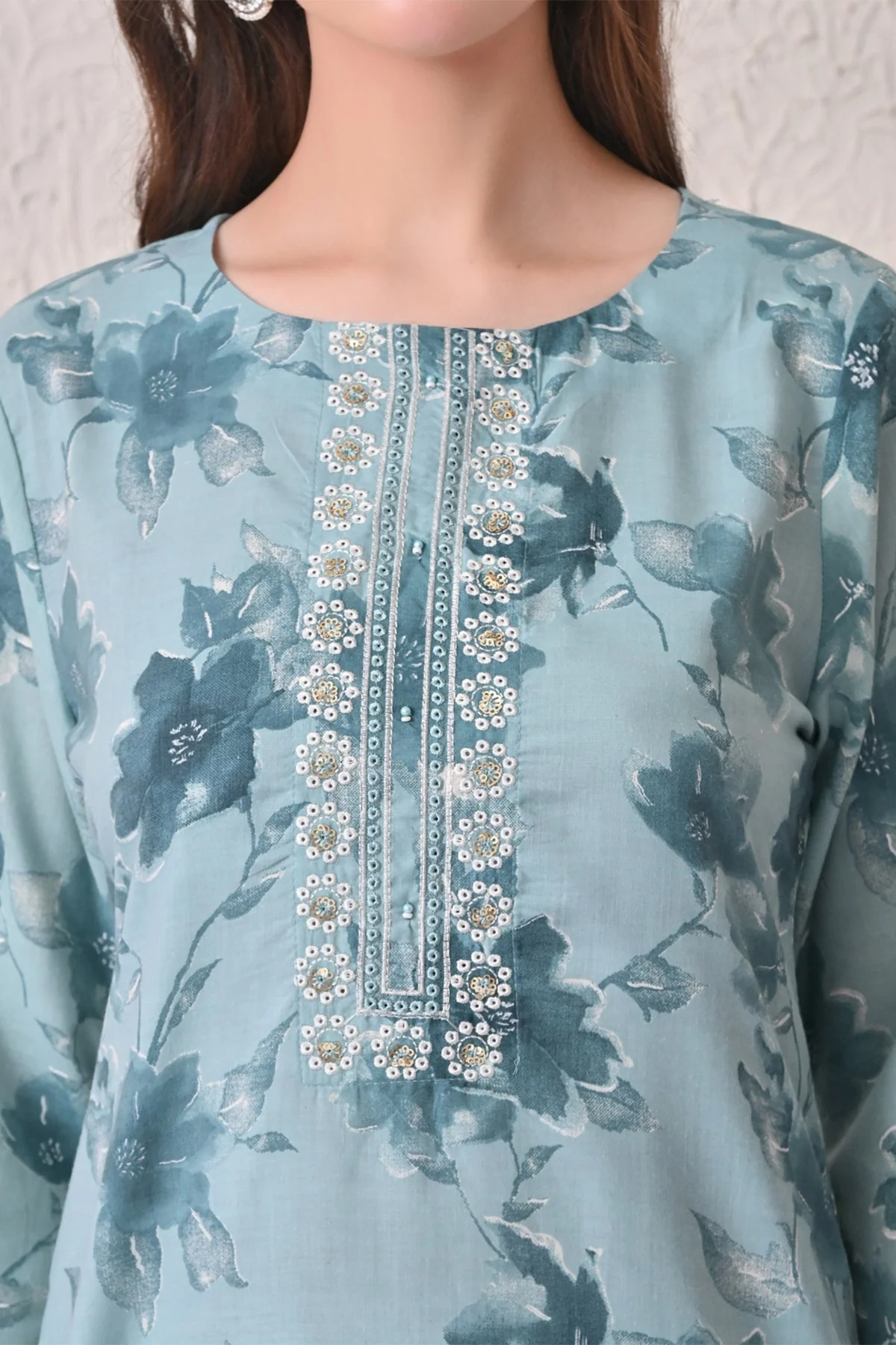 Blue Floral Printed Kurta 3 Pcs Set - Image 4