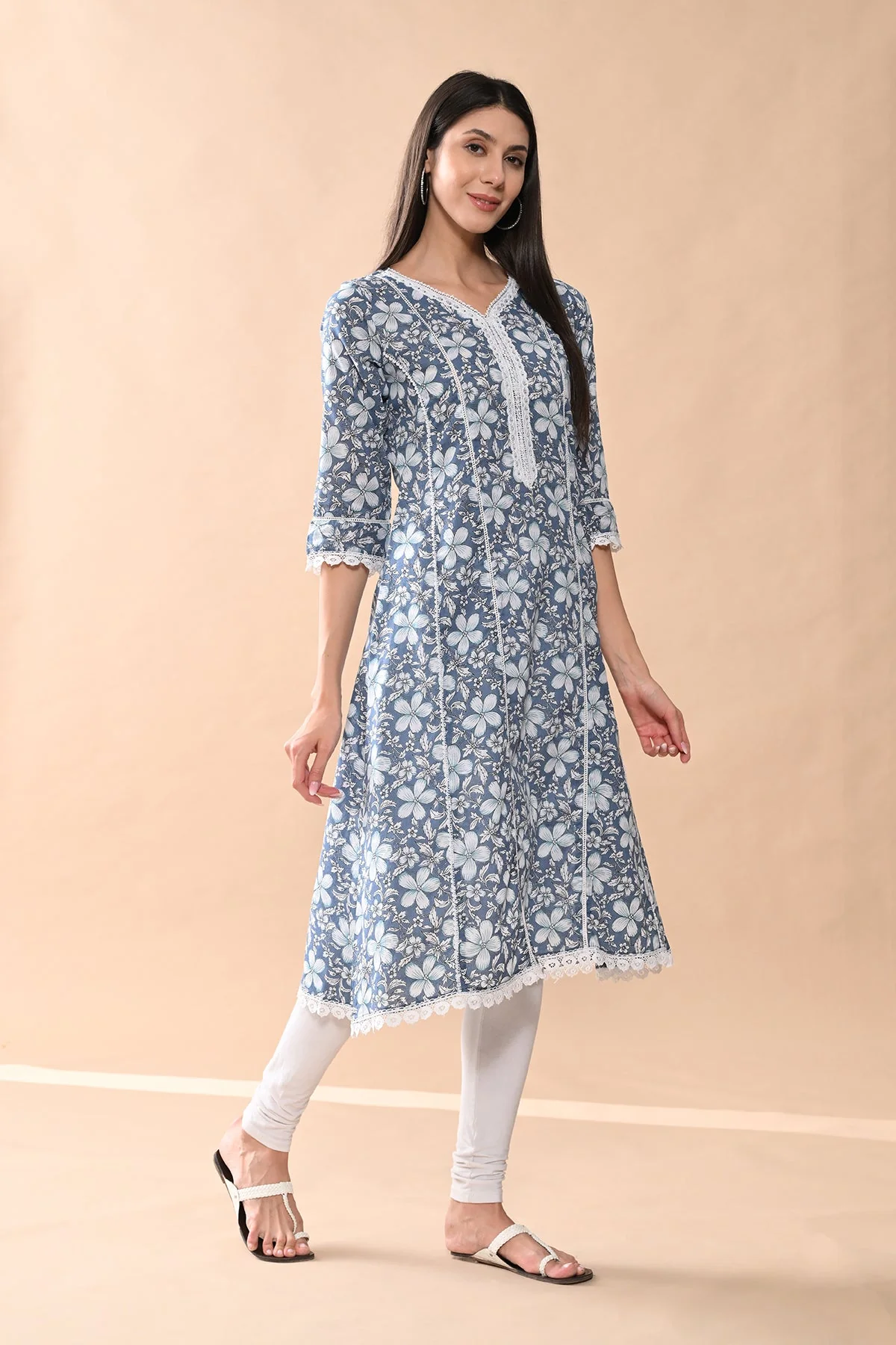 Blue Printed A-line Kurta - Image 3