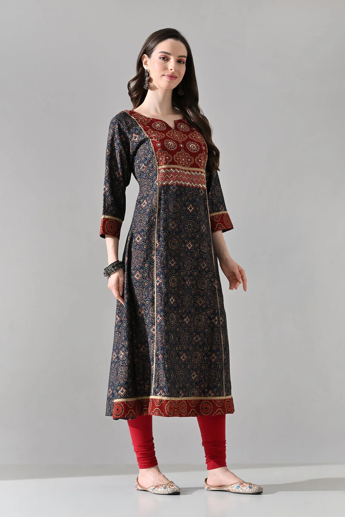 Blue Printed A-line Kurta - Image 4