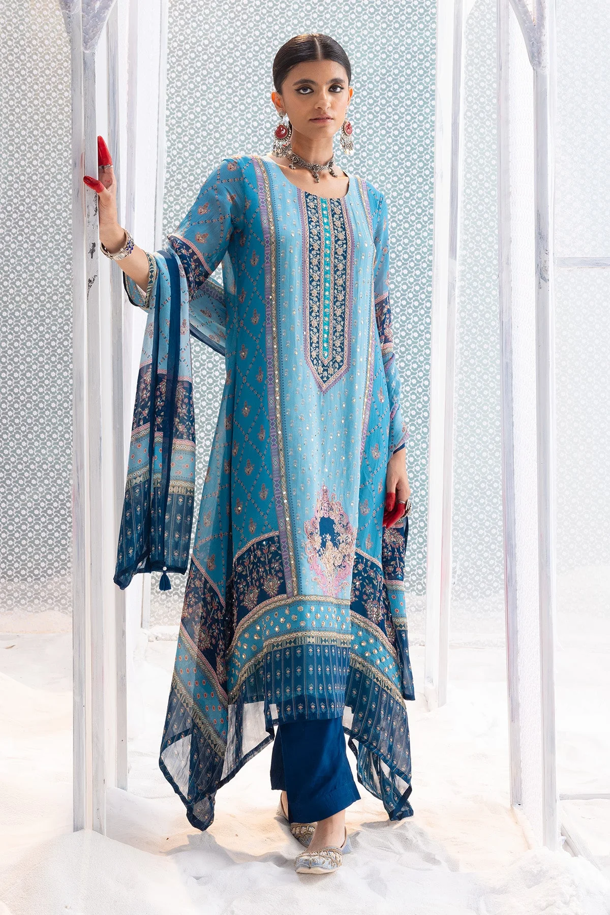 Blue Printed and Embellished Kurta 3 Pcs Set - Image 2
