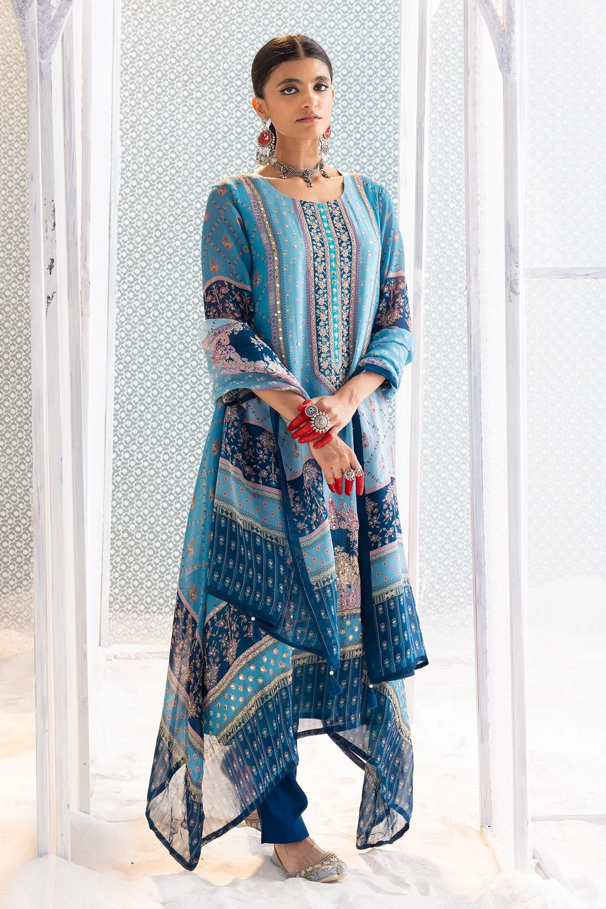 Blue Printed and Embellished Kurta 3 Pcs Set - Image 3