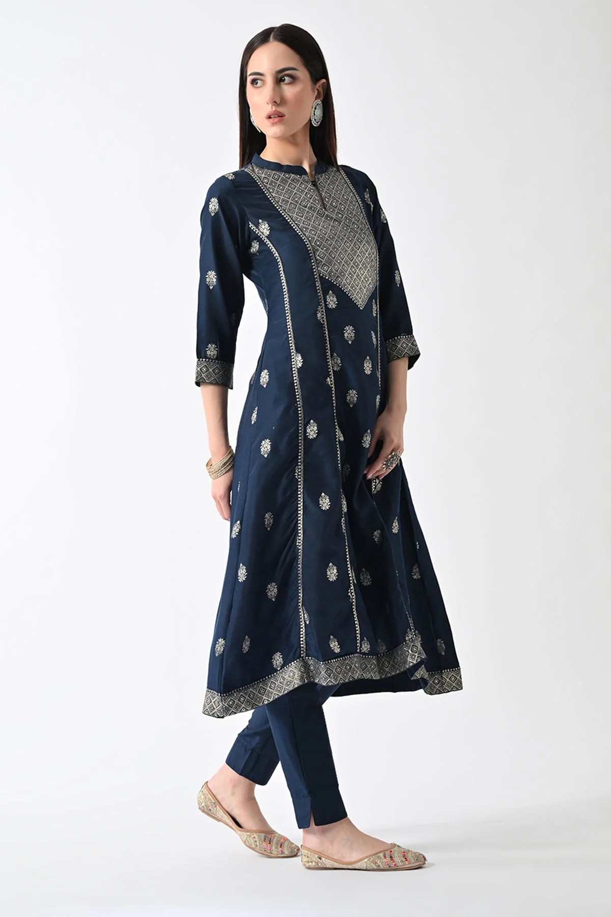 Blue Printed Flared Kurta 3 Pcs Set - Image 3