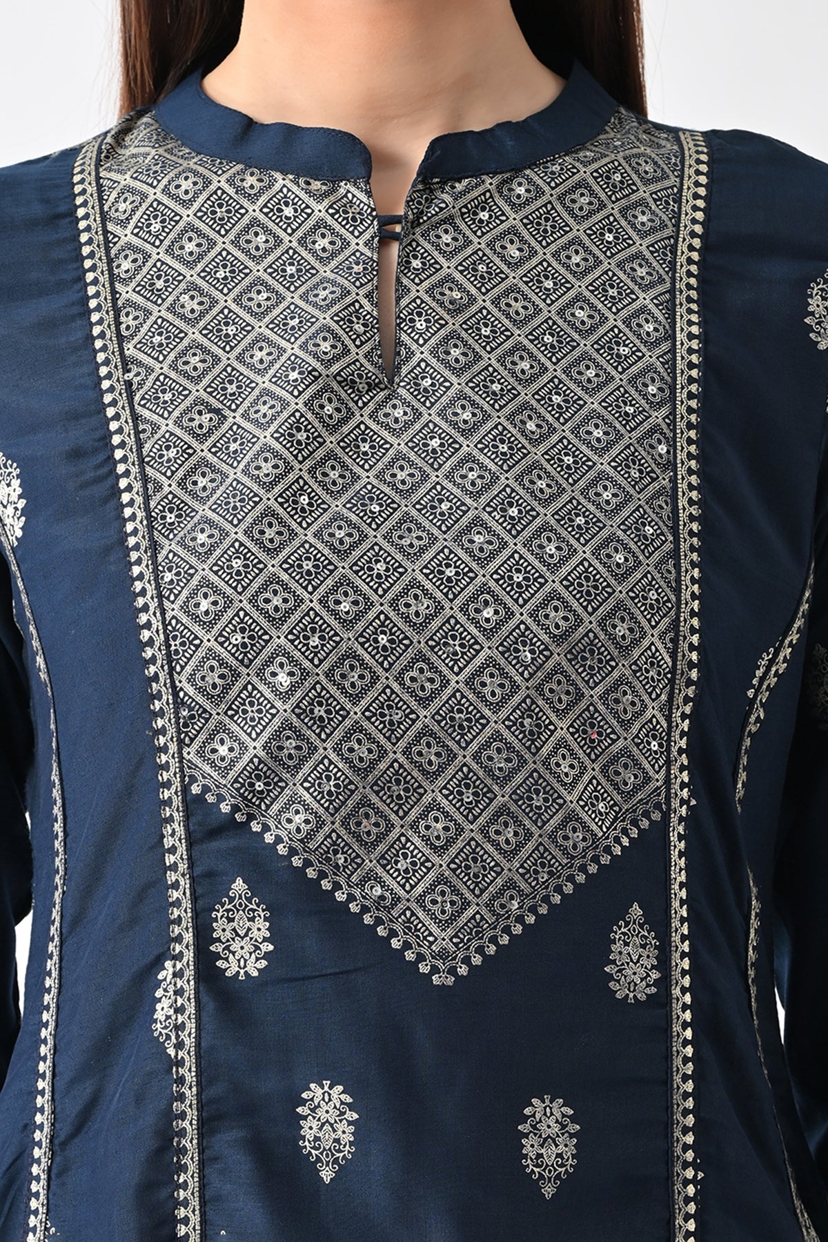 Blue Printed Flared Kurta 3 Pcs Set - Image 4