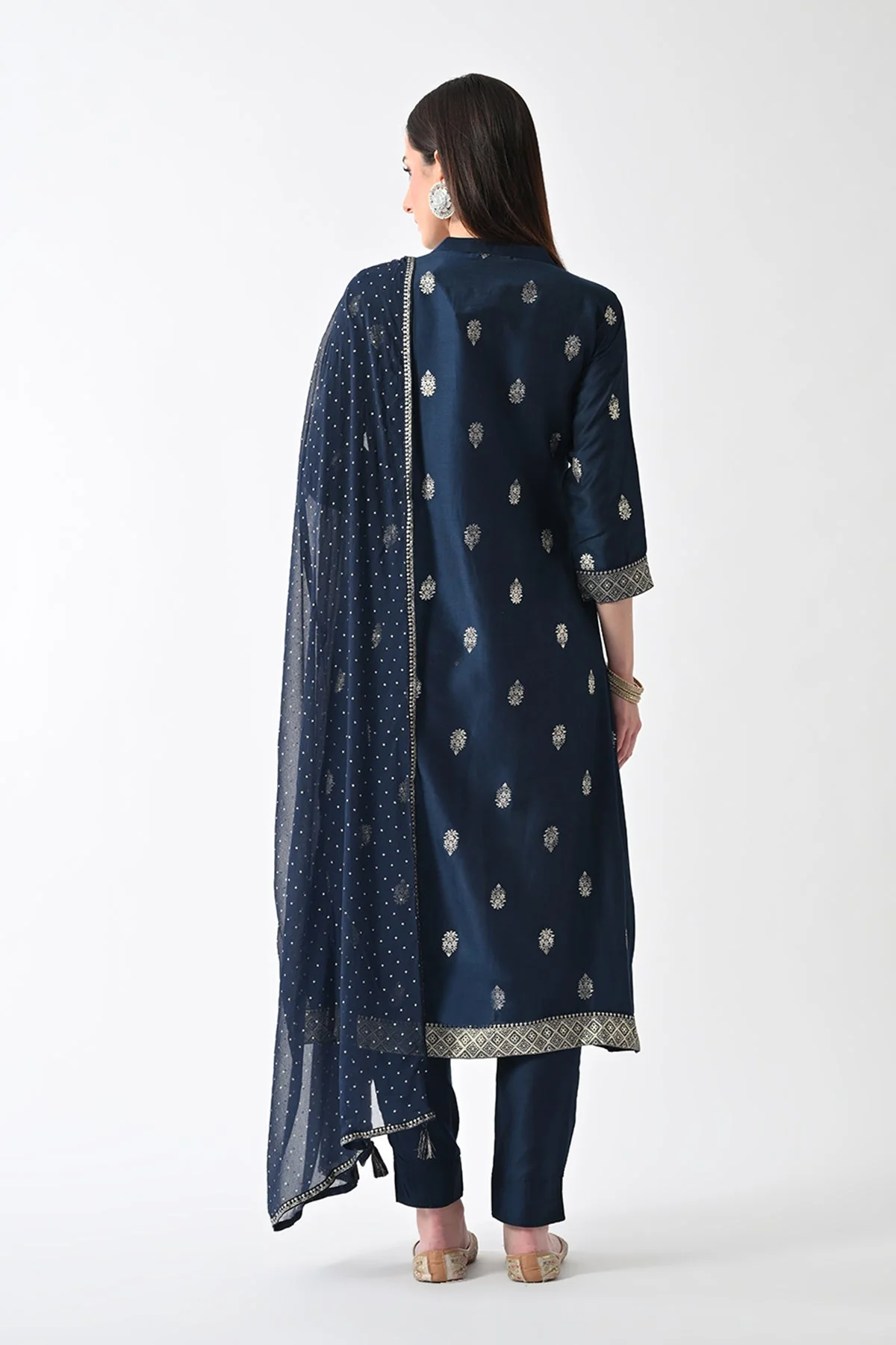Blue Printed Flared Kurta 3 Pcs Set - Image 5
