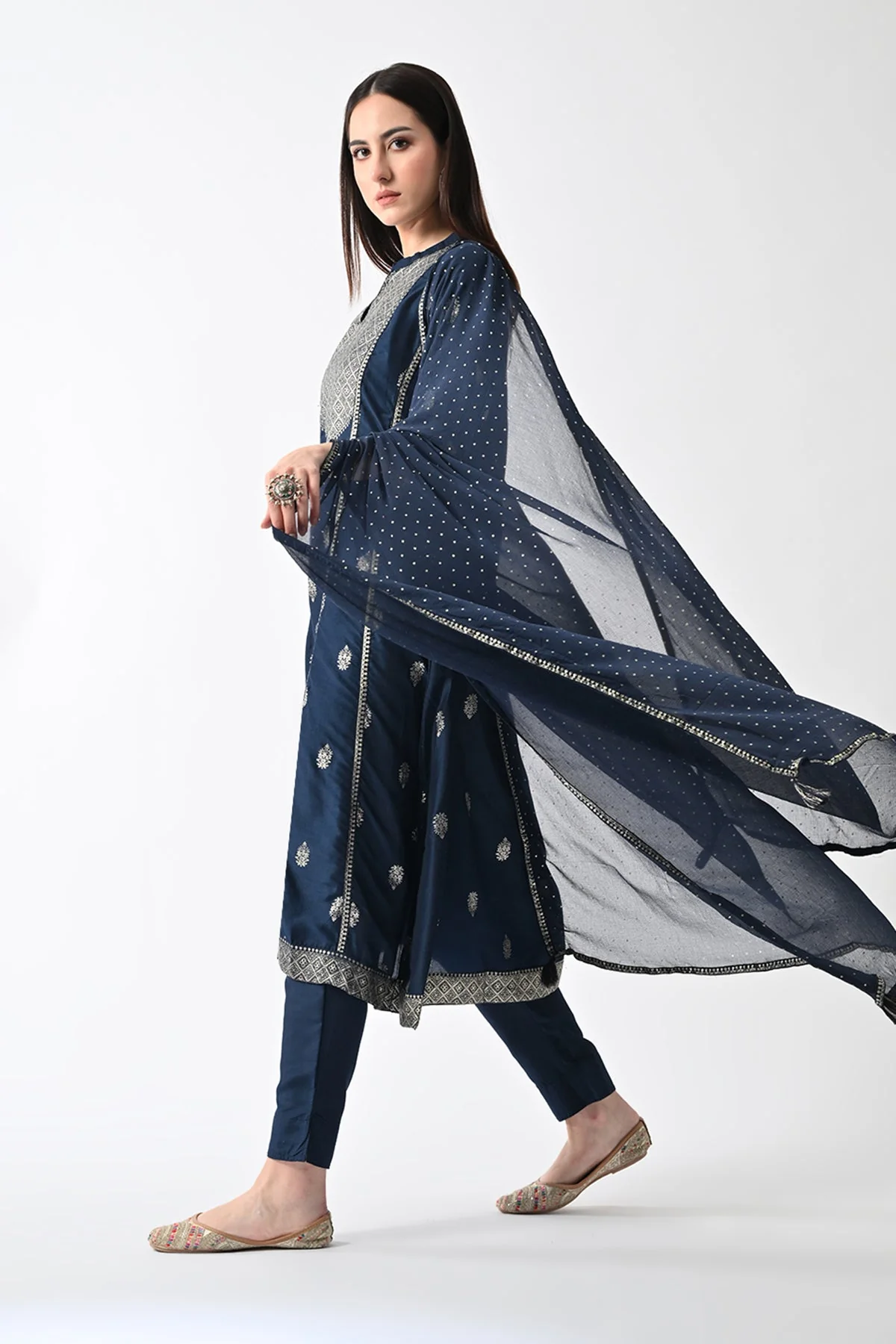 Blue Printed Flared Kurta 3 Pcs Set - Image 7