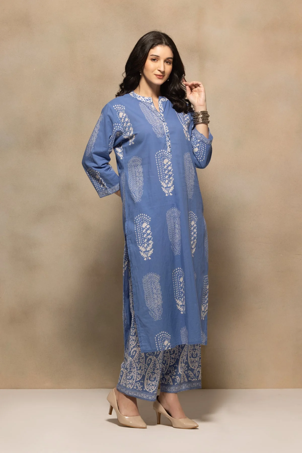 Blue Printed Kurta 3 Pcs Set - Image 3
