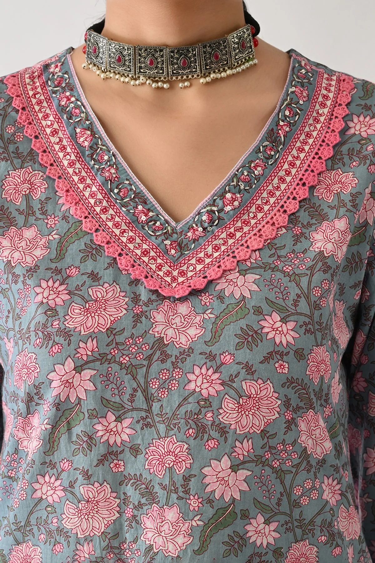 Blue Printed Kurta 2 Pcs Set - Image 4