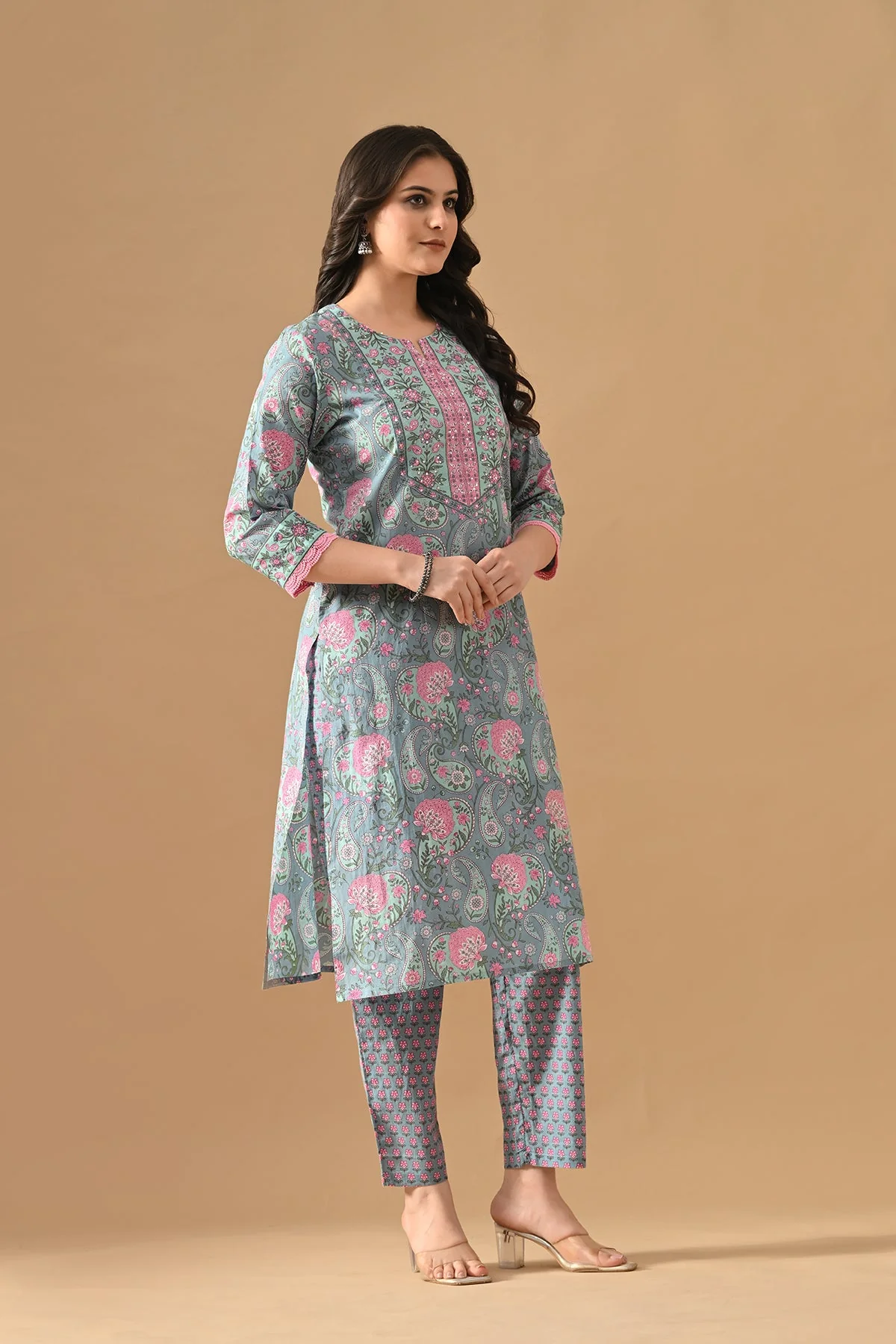 Blue Printed Kurta 3 Pcs Set - Image 2