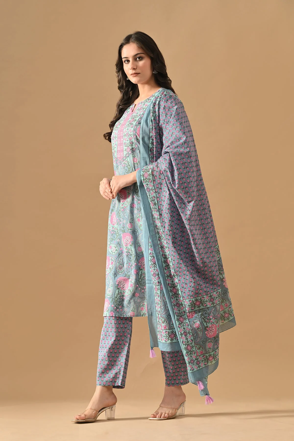 Blue Printed Kurta 3 Pcs Set - Image 3