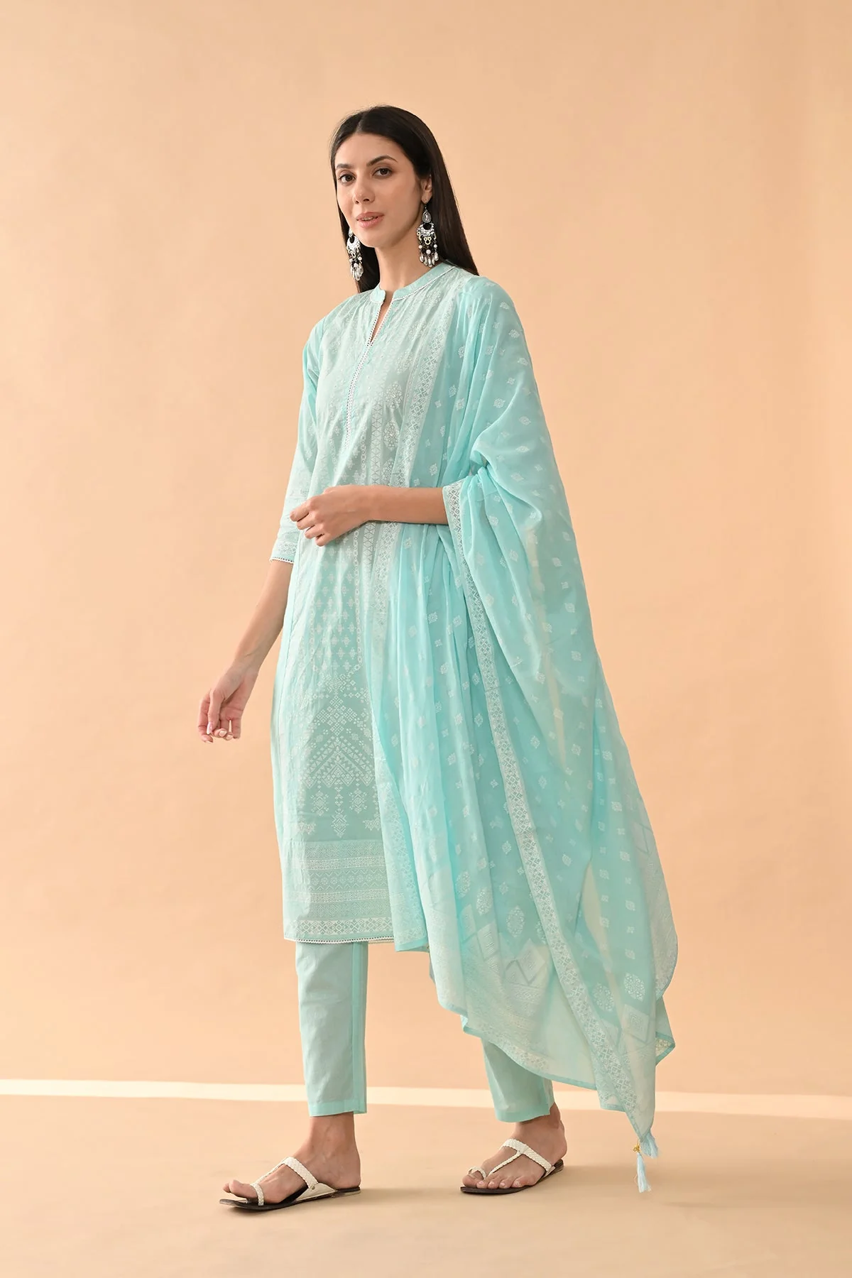 Blue Printed Kurta 3 Pcs Set - Image 3