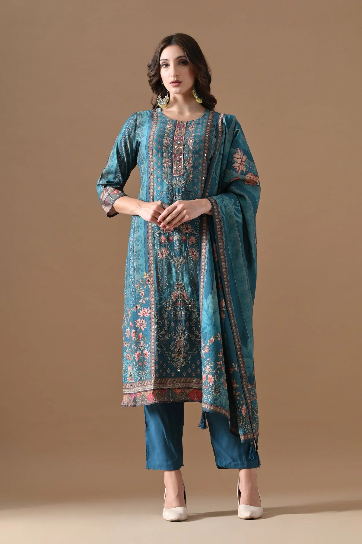 Blue Printed Kurta 3 Pcs Set