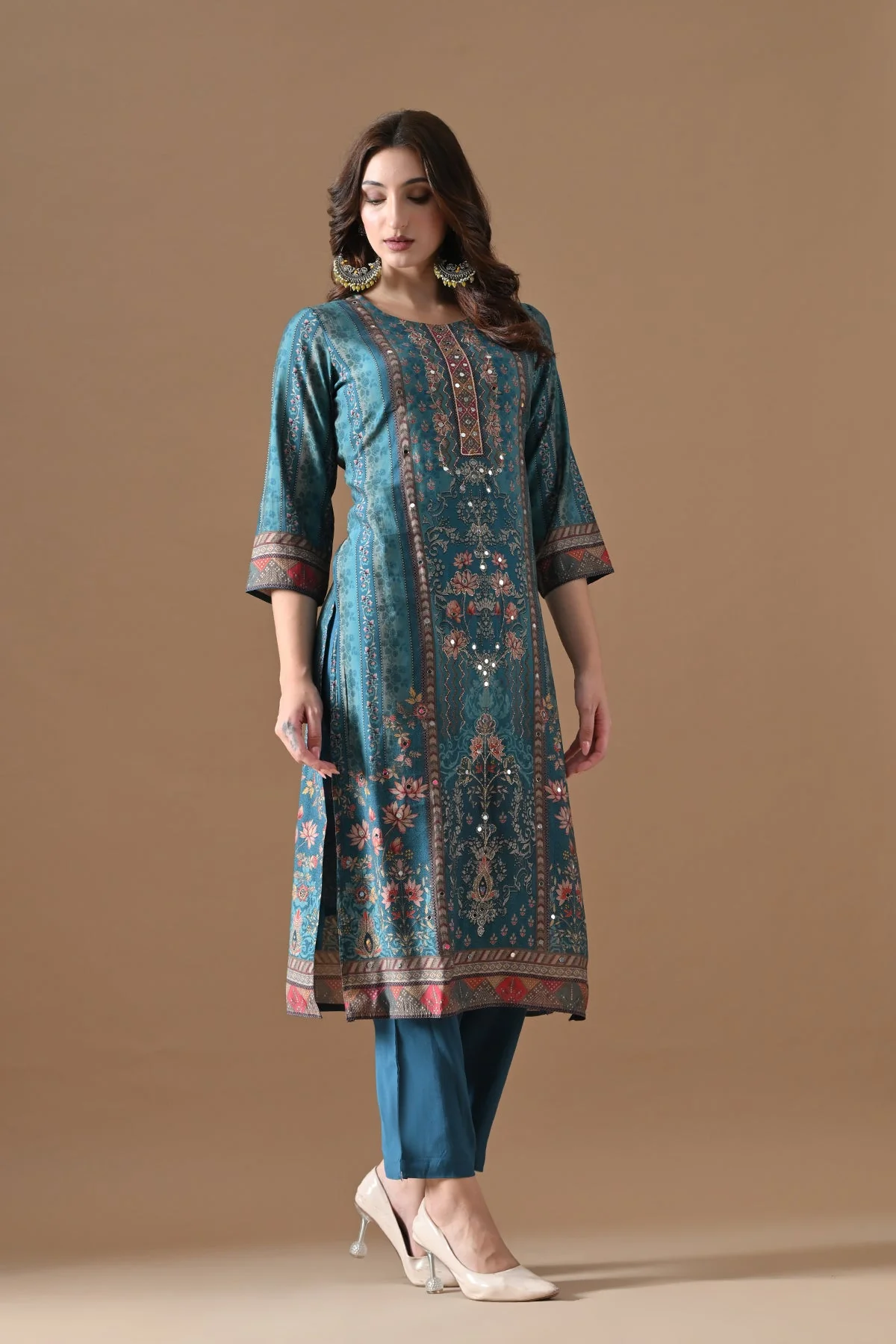 Blue Printed Kurta 3 Pcs Set - Image 3