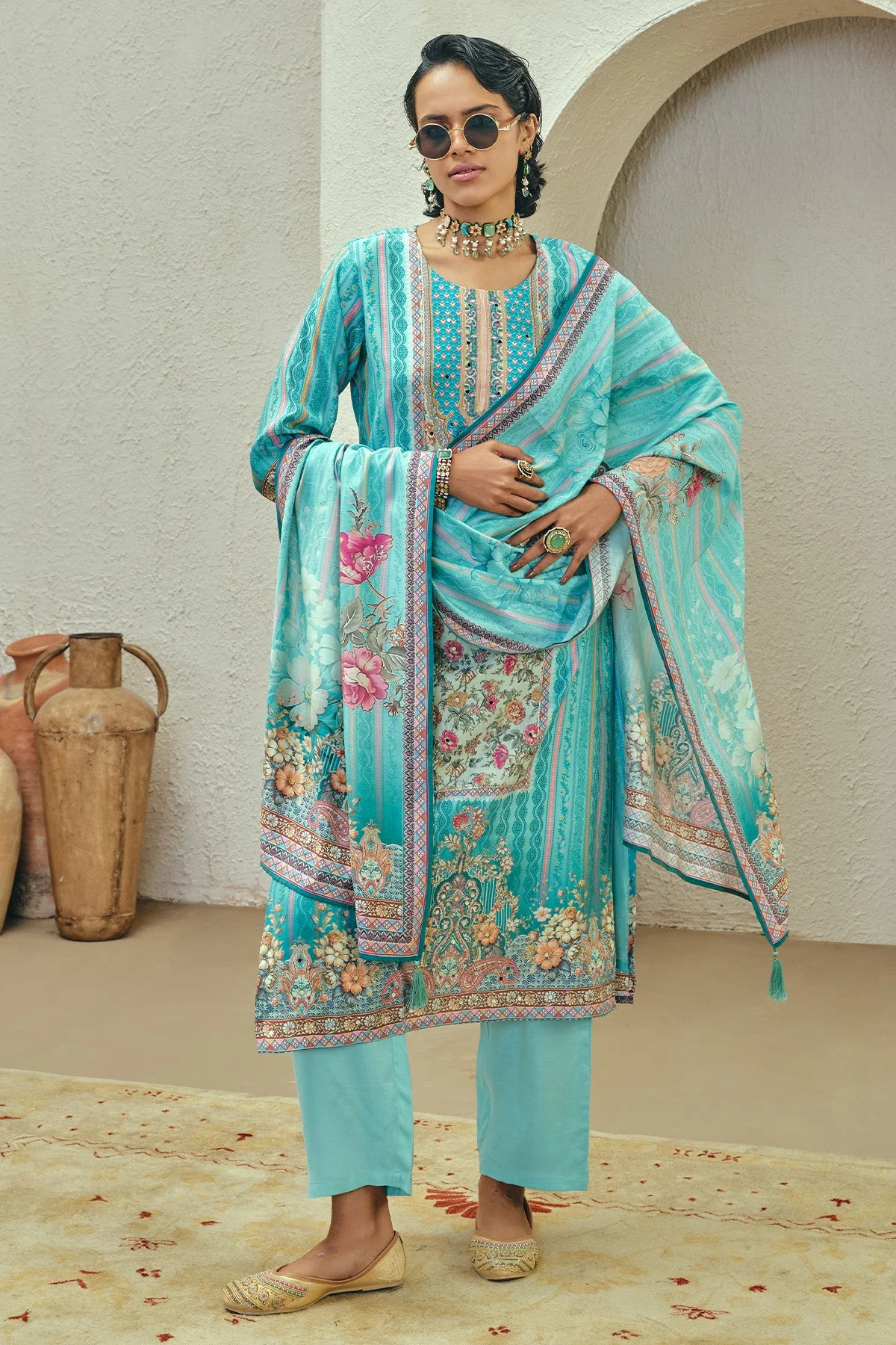 Blue Printed Kurta 3 Pcs Set