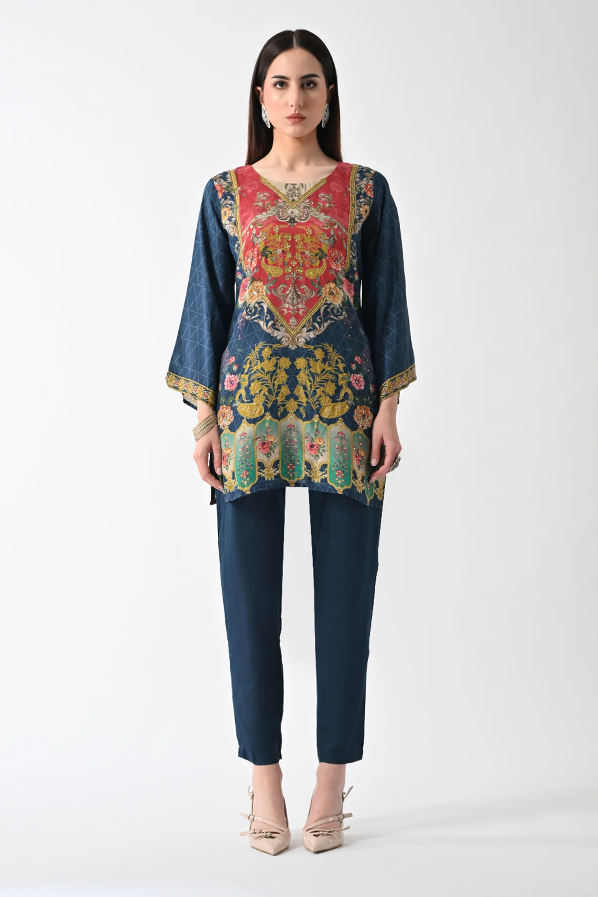 Blue Printed Straight Kurta 2 Pcs Set