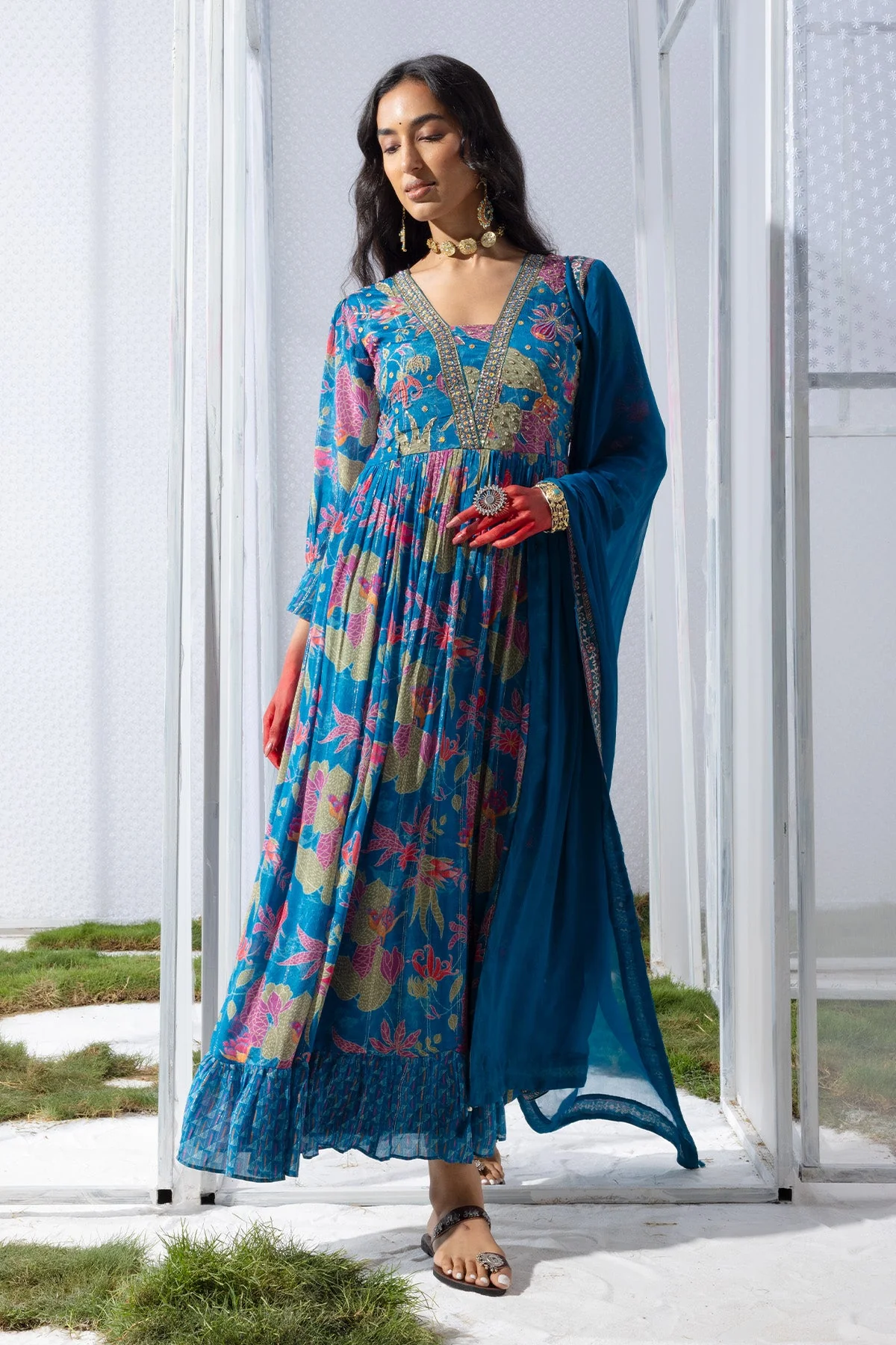 Blue Yoke Printed Dress - Image 3