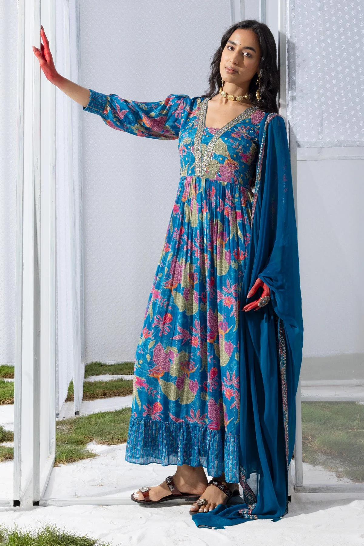 Blue Yoke Printed Dress - Image 5
