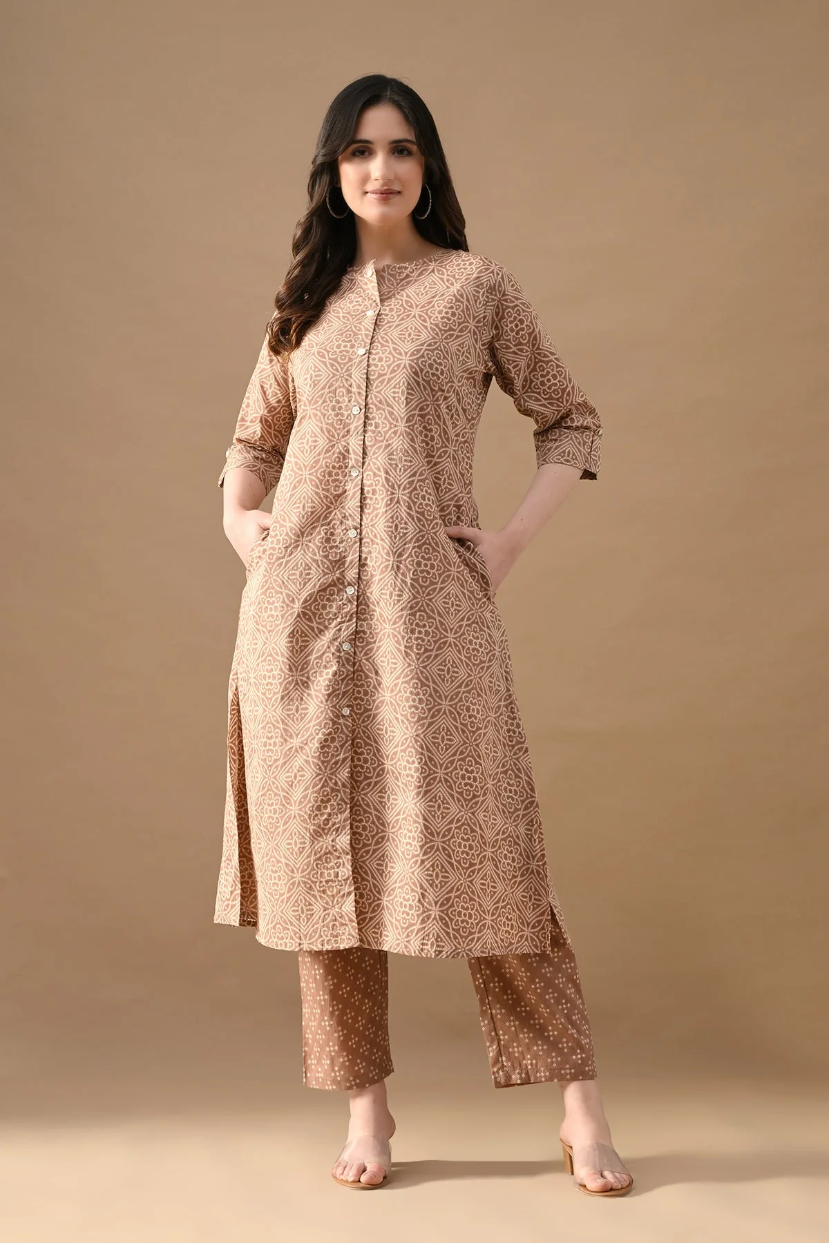Brown Printed A-line Kurta 2 Pcs Set