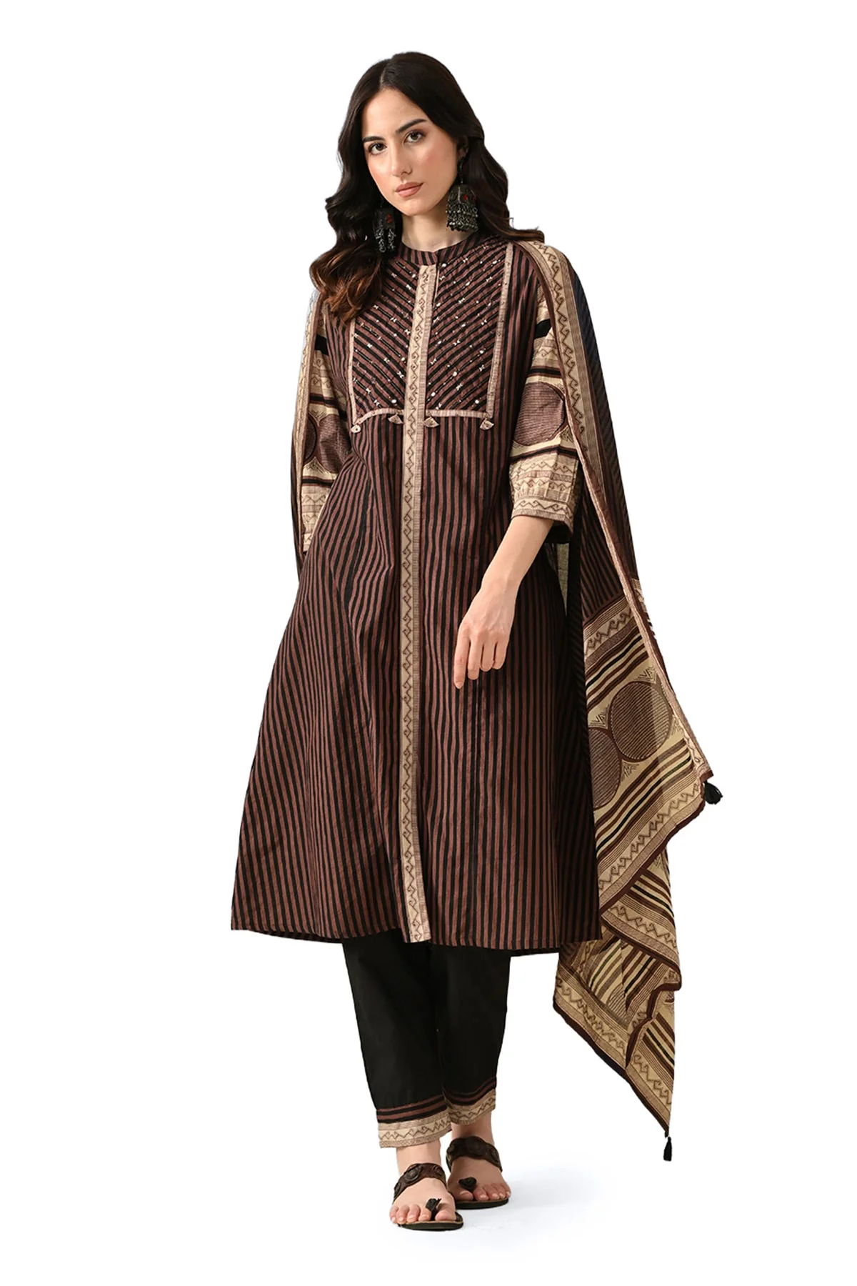 Brown Printed Kurta 3 Pcs Set
