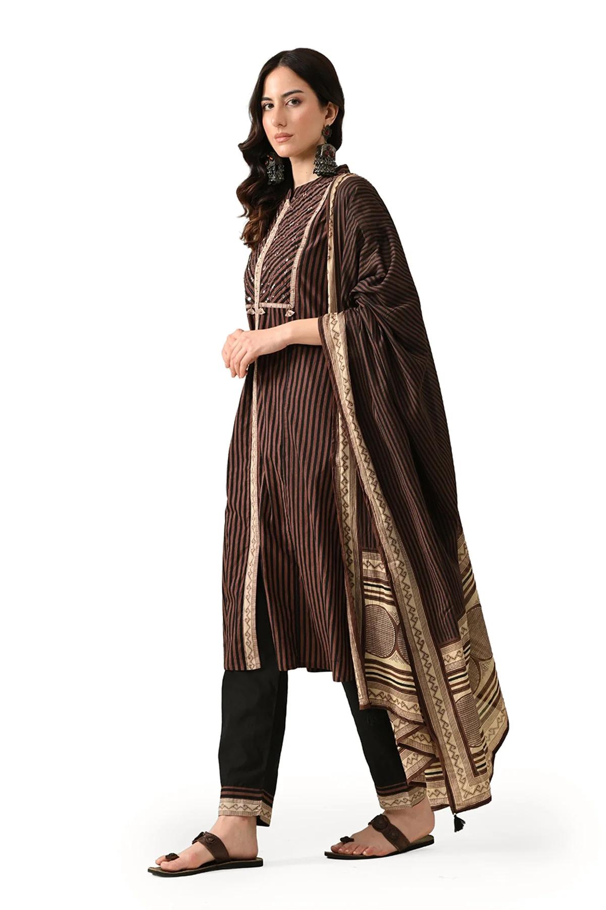 Brown Printed Kurta 3 Pcs Set - Image 2