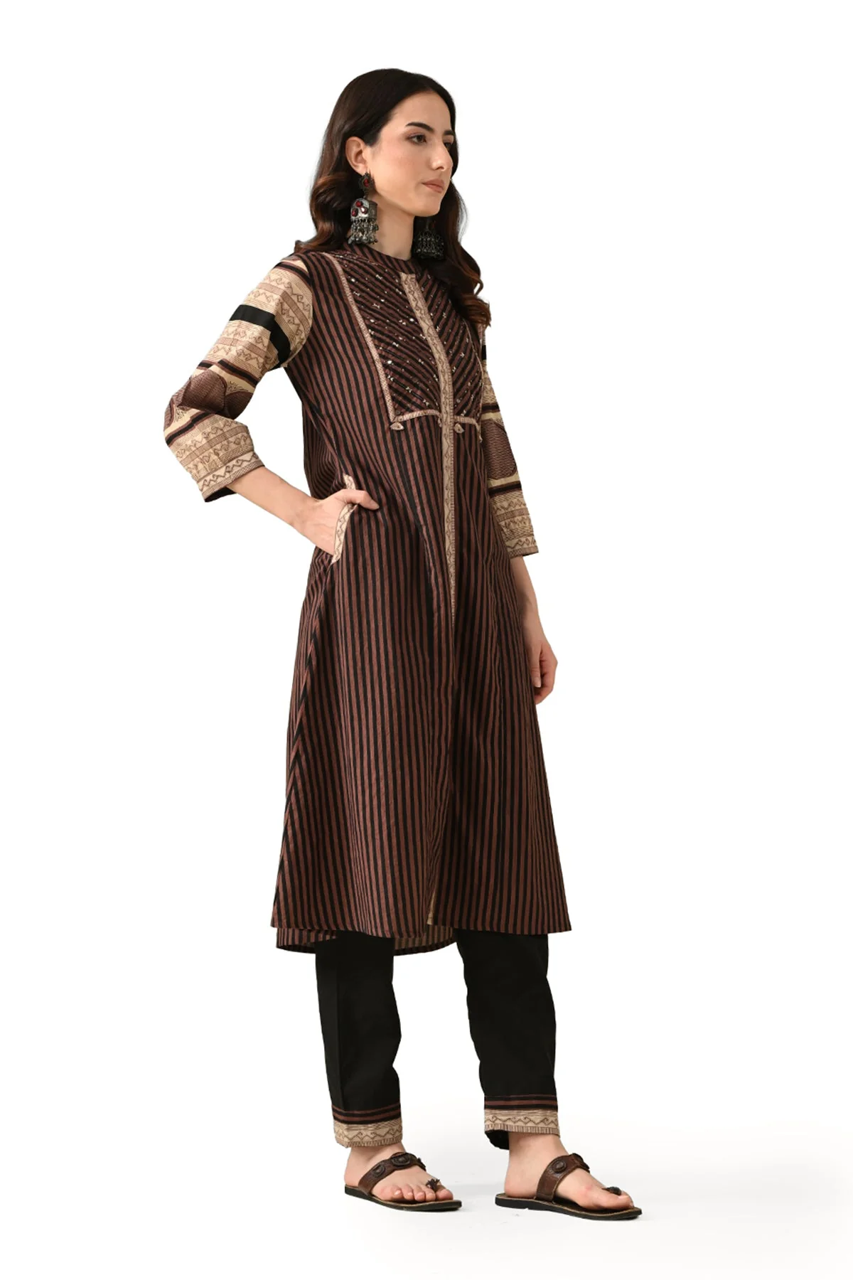 Brown Printed Kurta 3 Pcs Set - Image 3