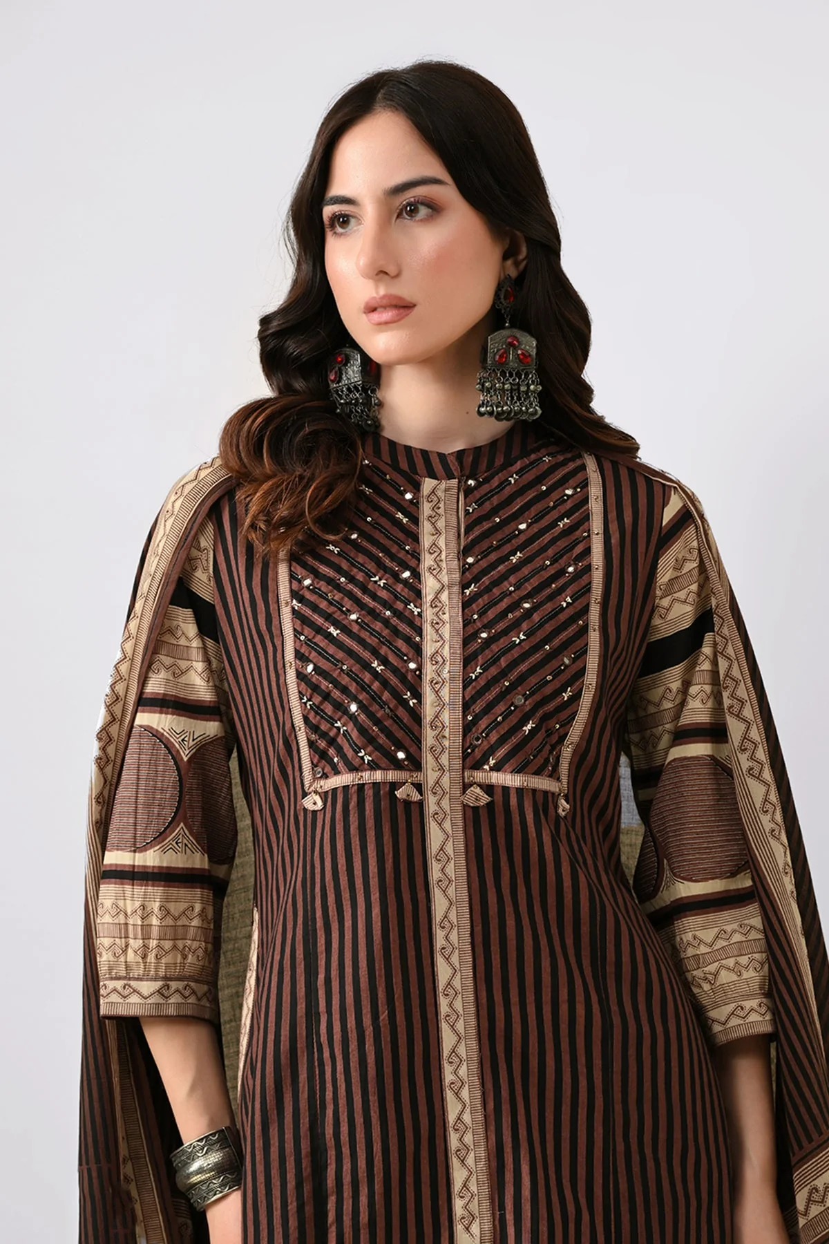 Brown Printed Kurta 3 Pcs Set - Image 7