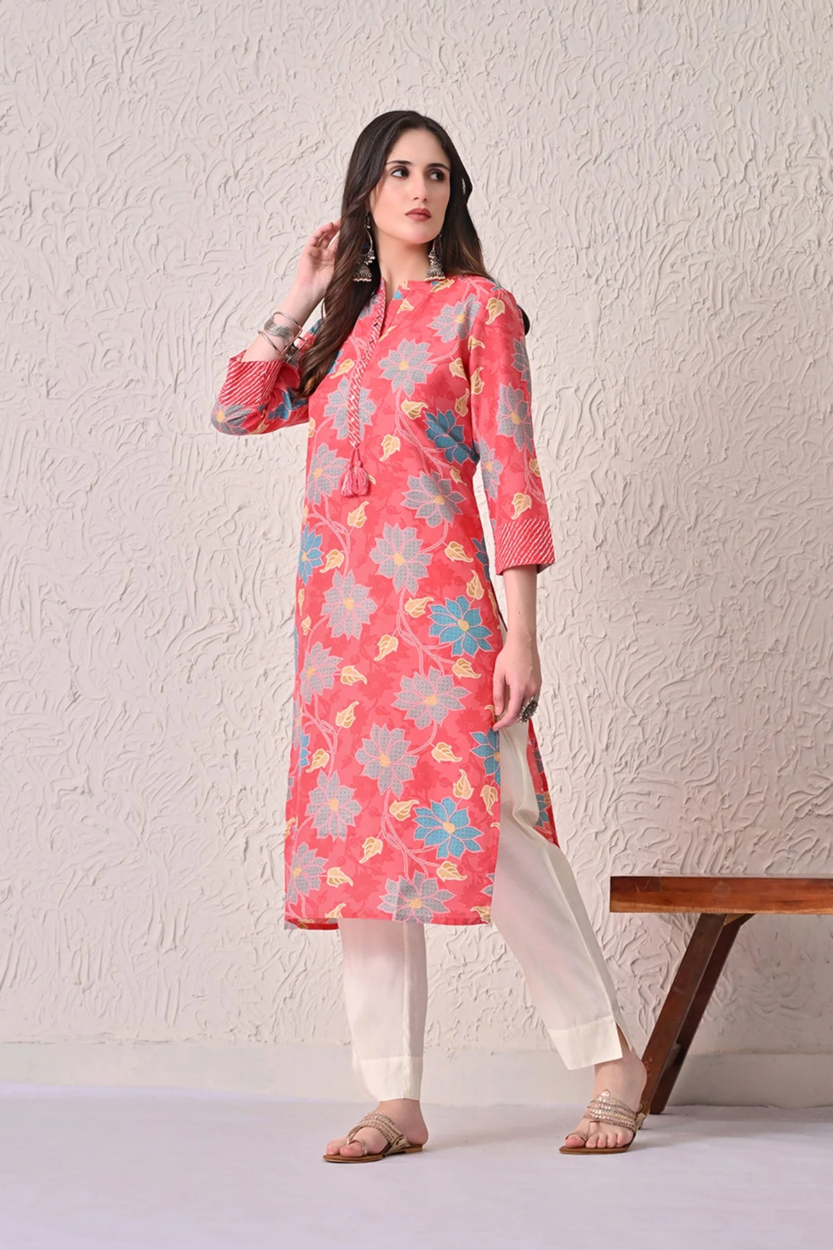 Coral Pink Floral Kurta - Image 2