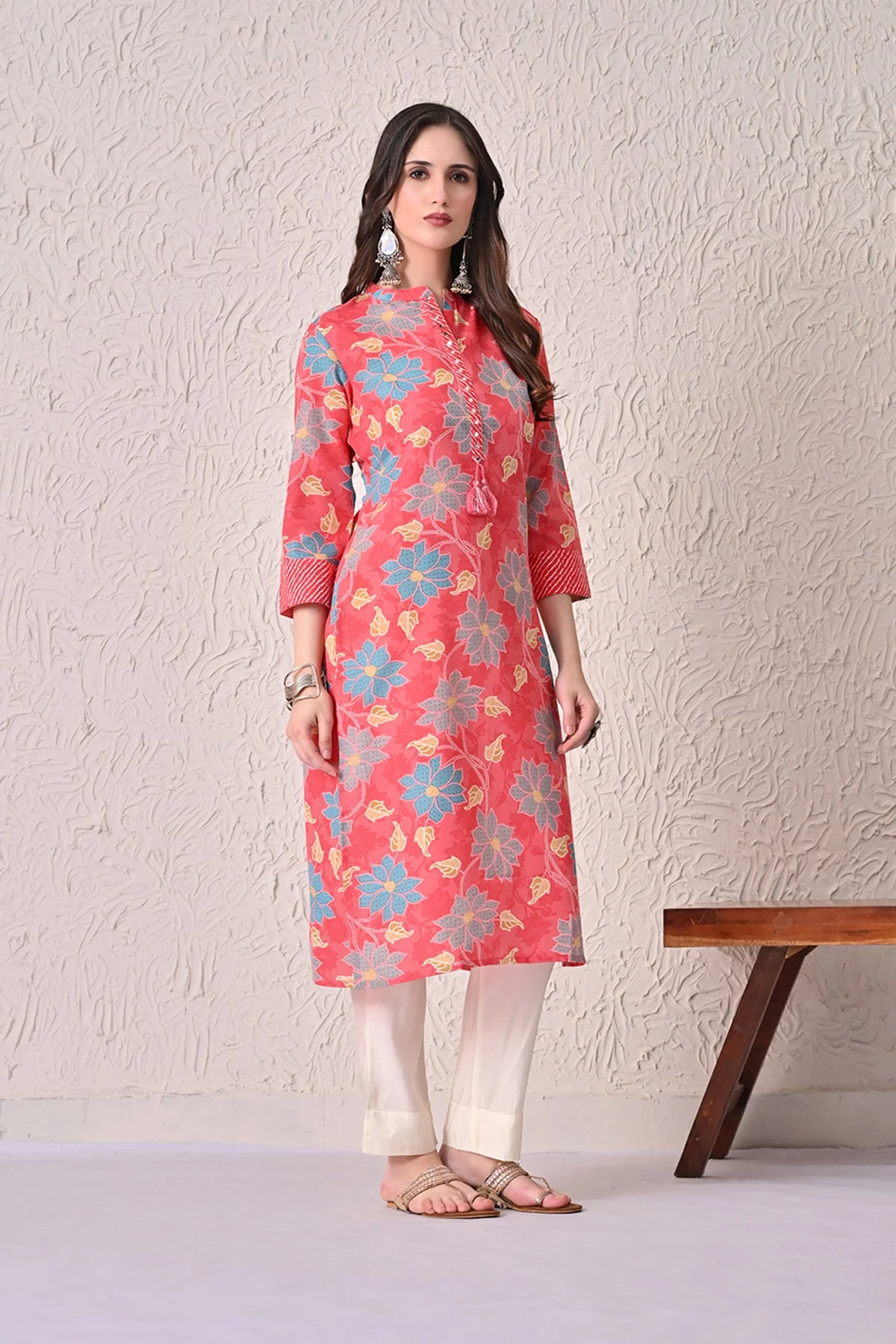 Coral Pink Floral Kurta - Image 3