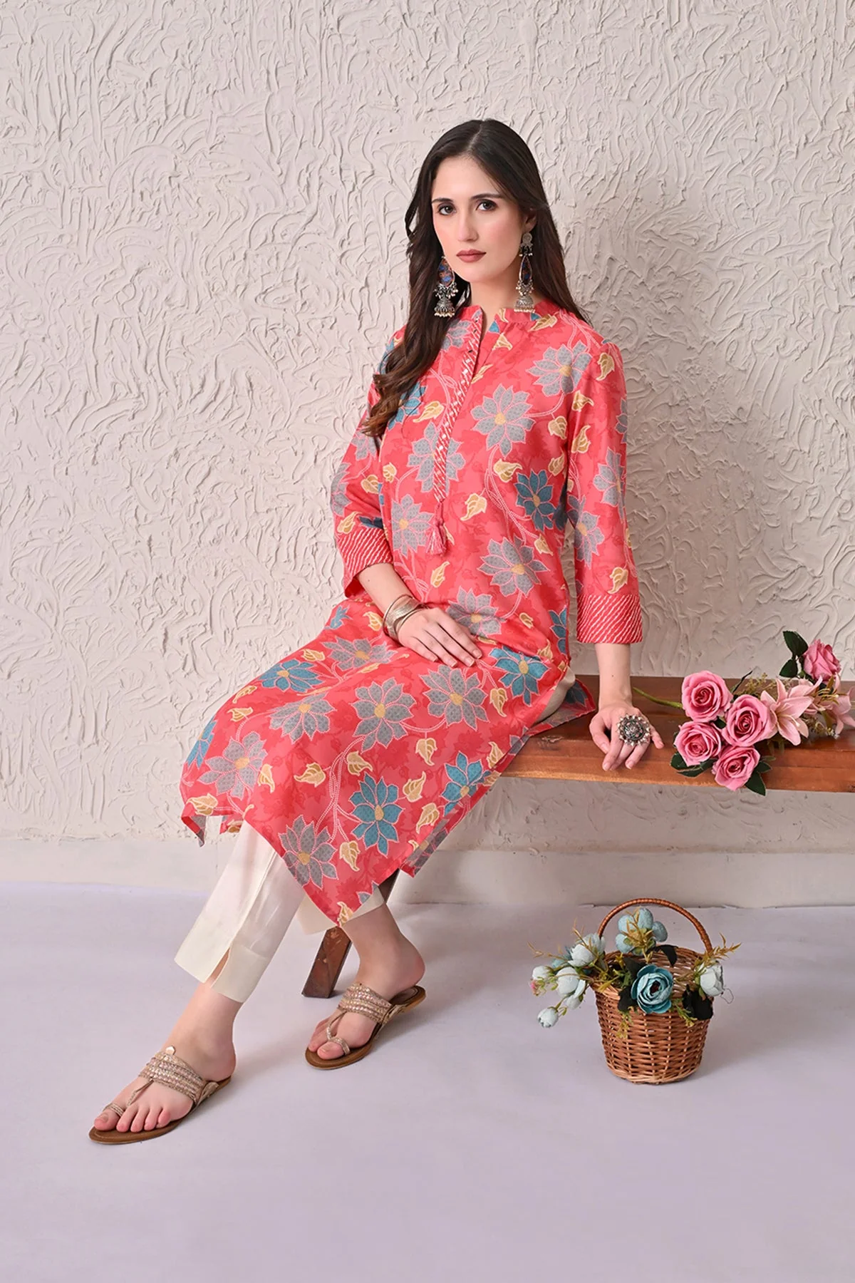 Coral Pink Floral Kurta - Image 6