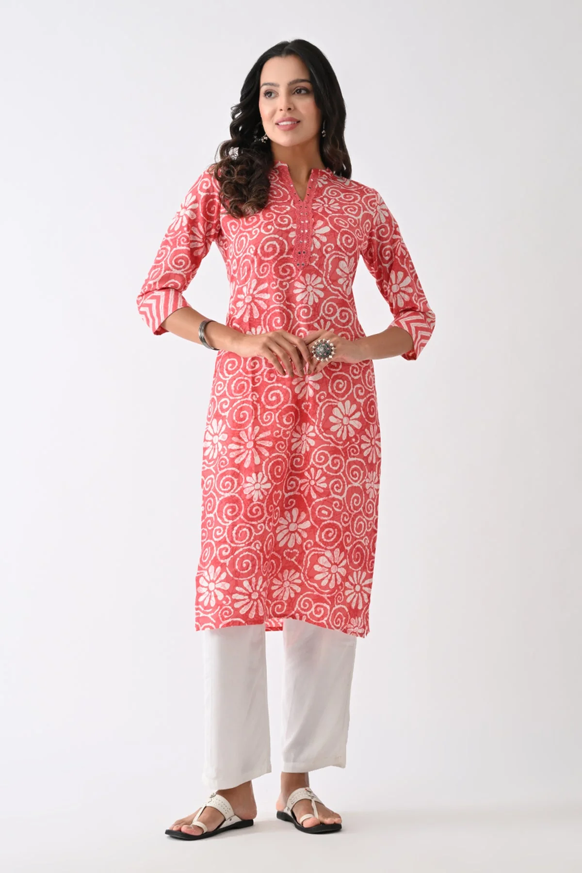 Coral Pink Printed Kurta - Image 6