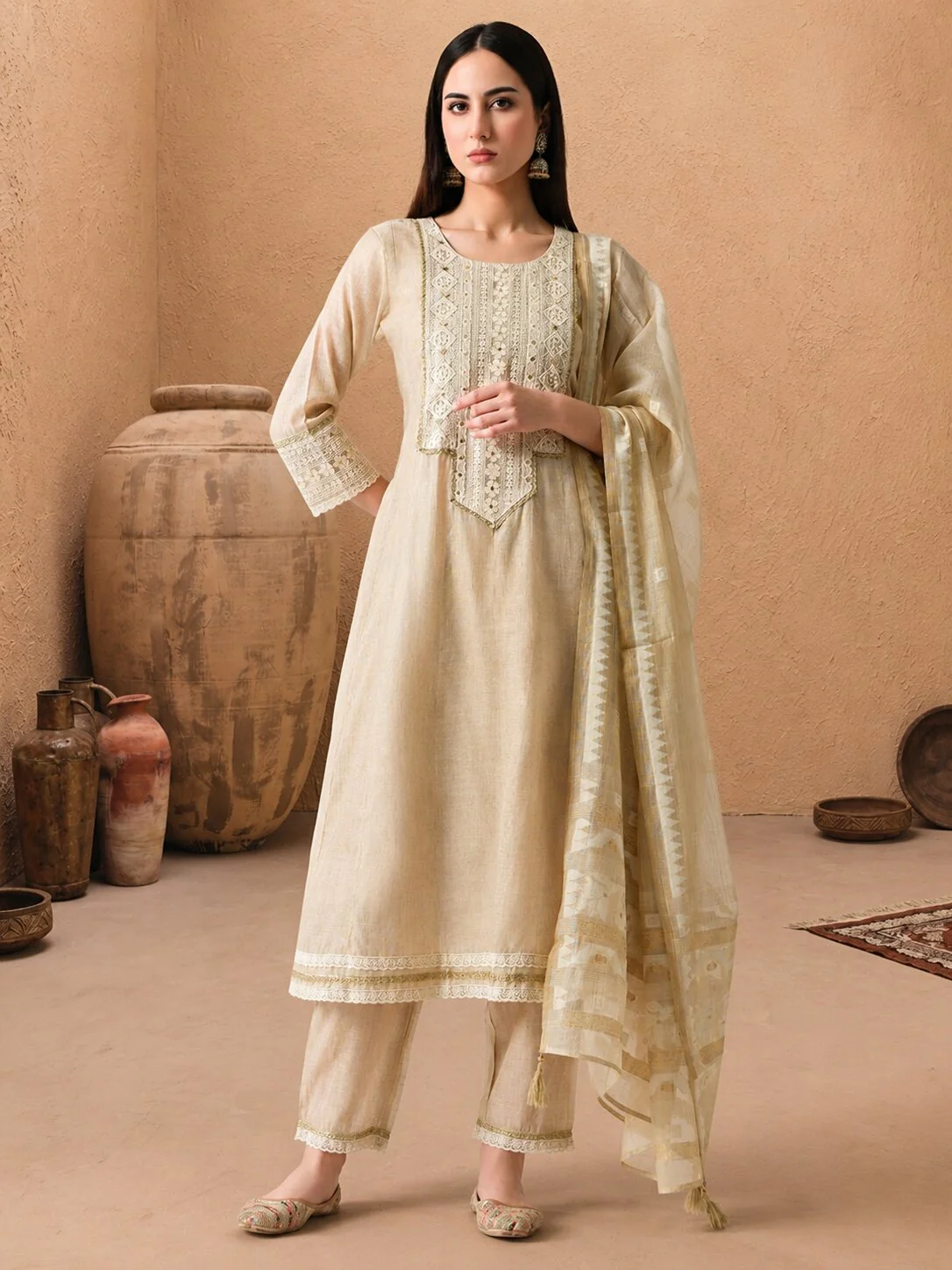 Cream Embellished Flared Kurta 3 Pcs Set