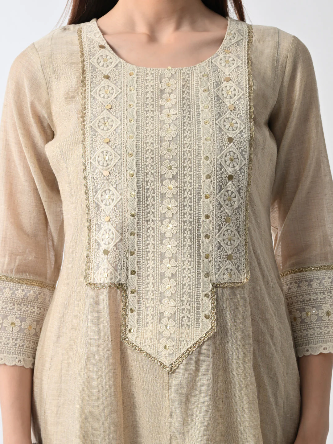 Cream Embellished Flared Kurta 3 Pcs Set - Image 2