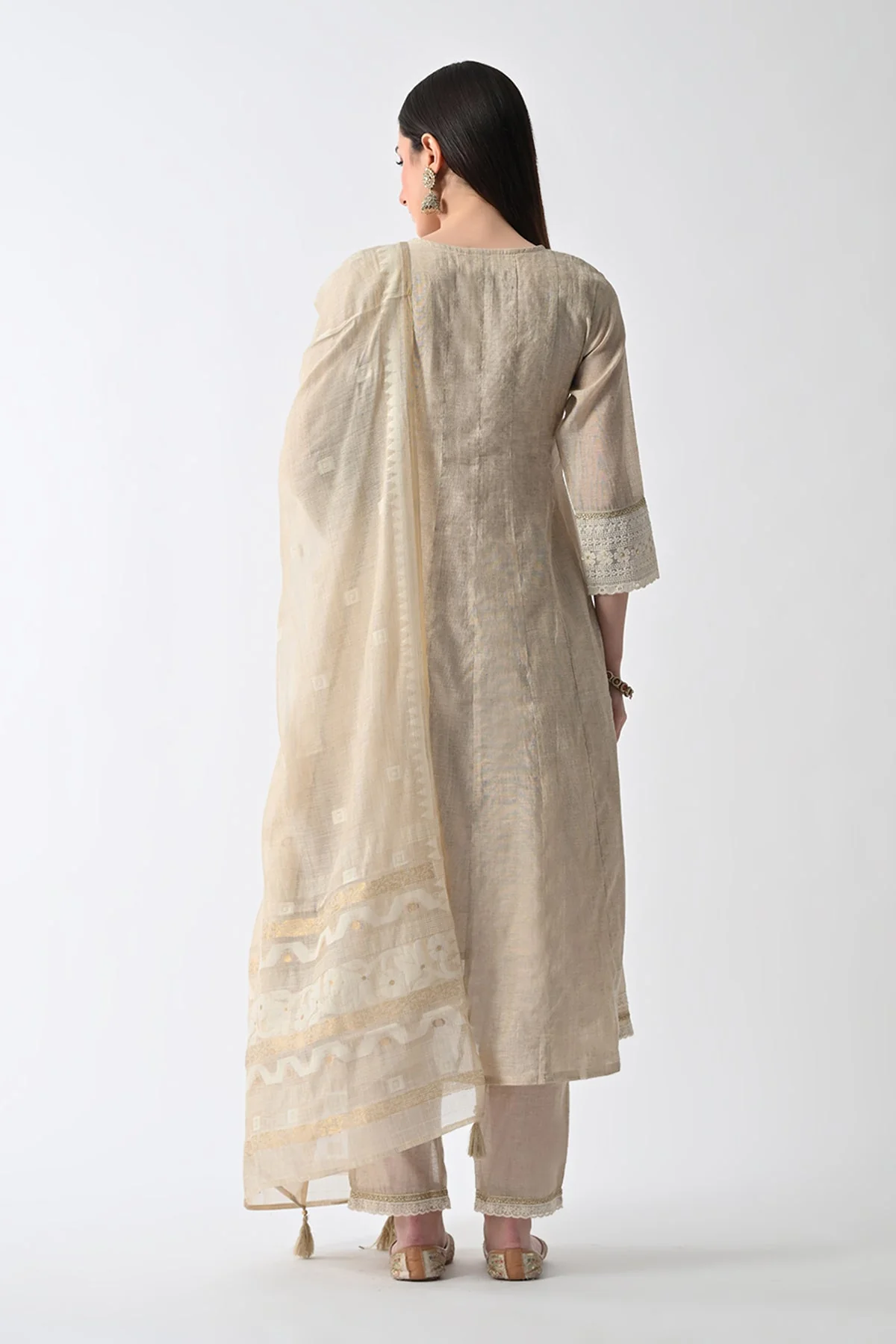Cream Embellished Flared Kurta 3 Pcs Set - Image 4