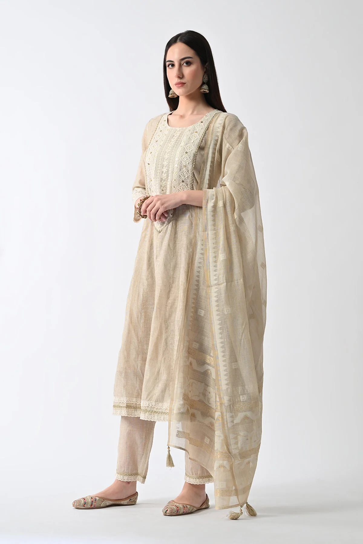 Cream Embellished Flared Kurta 3 Pcs Set - Image 5
