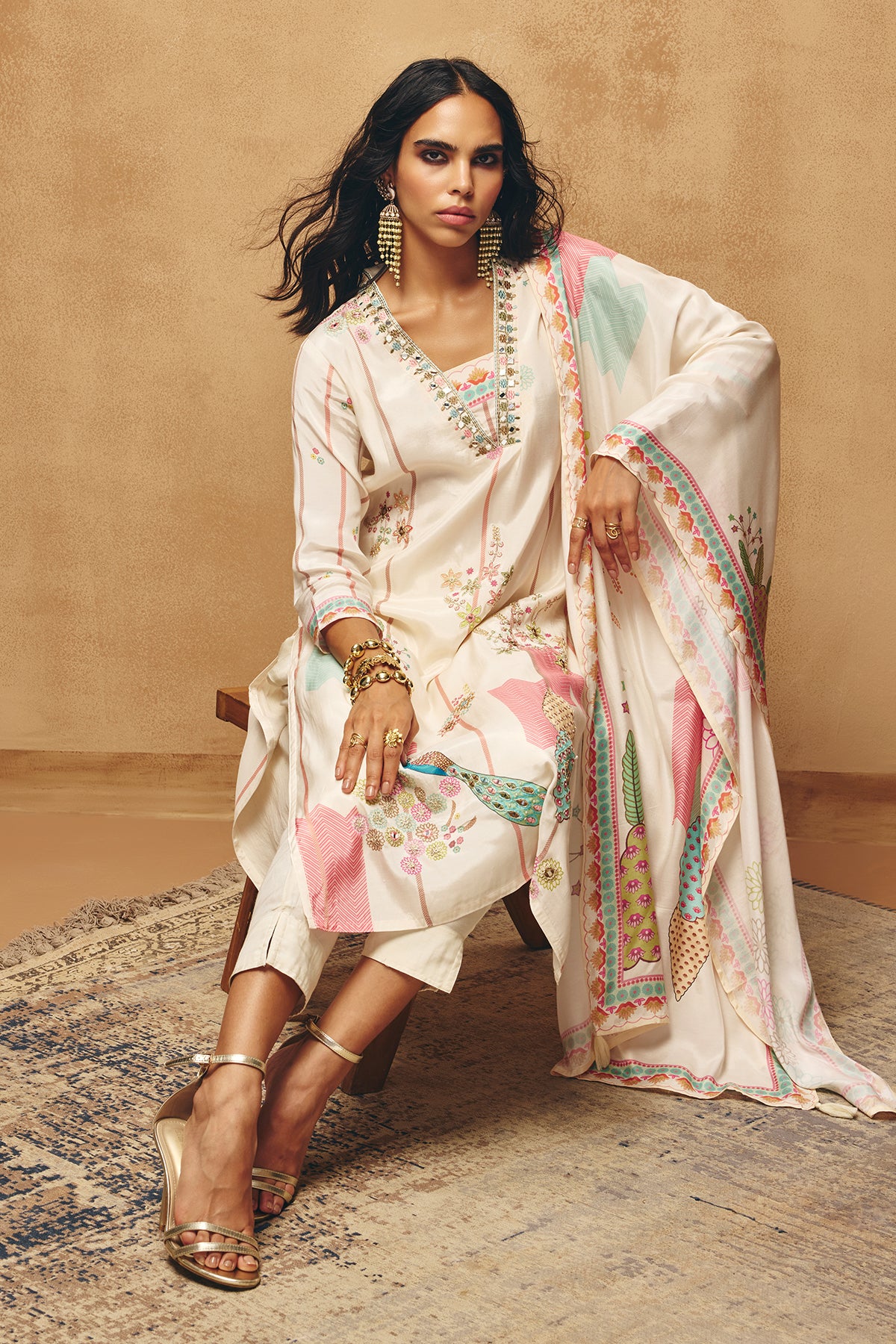 Cream Embellished Kurta 3 Pcs Set - Image 5