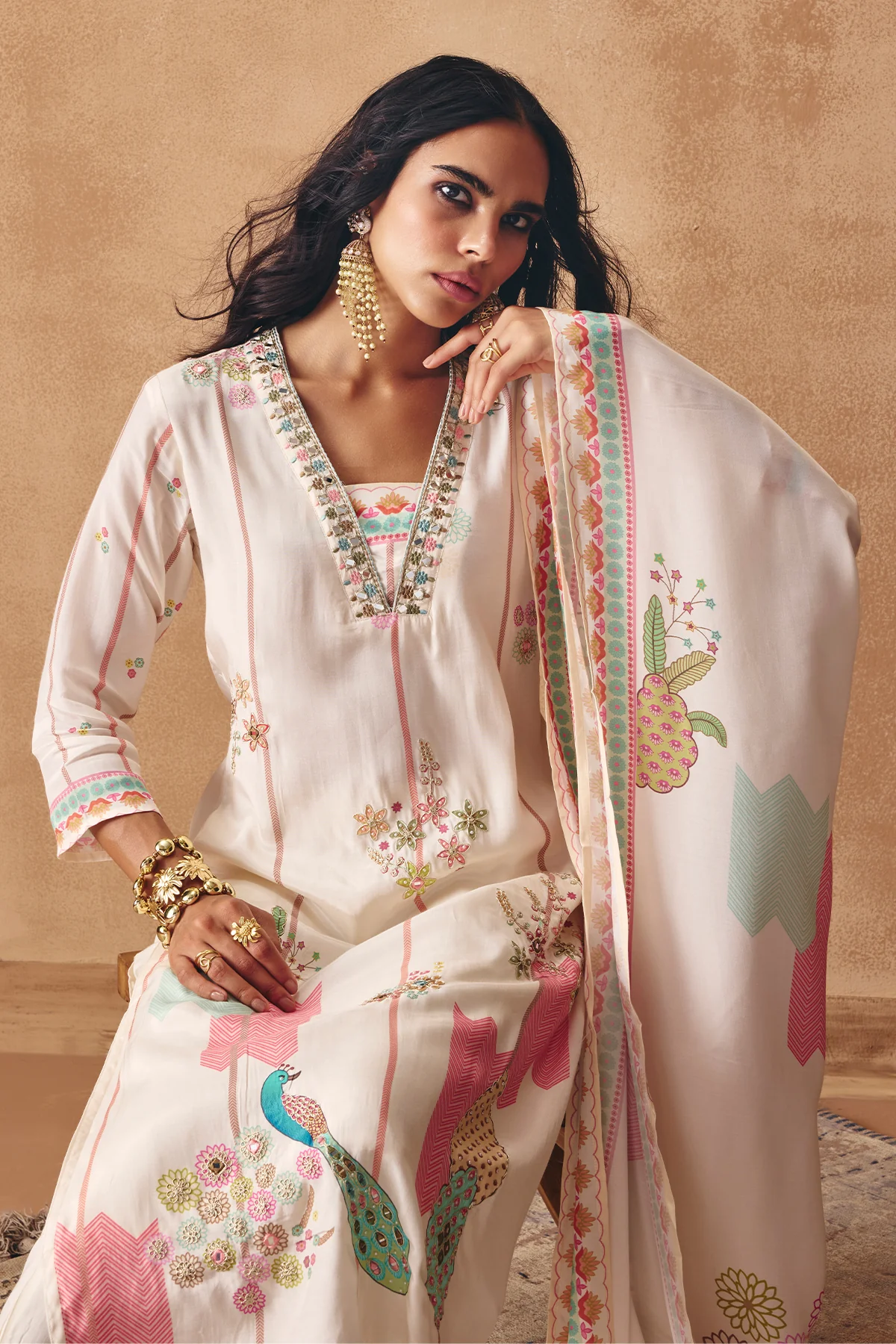 Cream Embellished Kurta 3 Pcs Set - Image 6