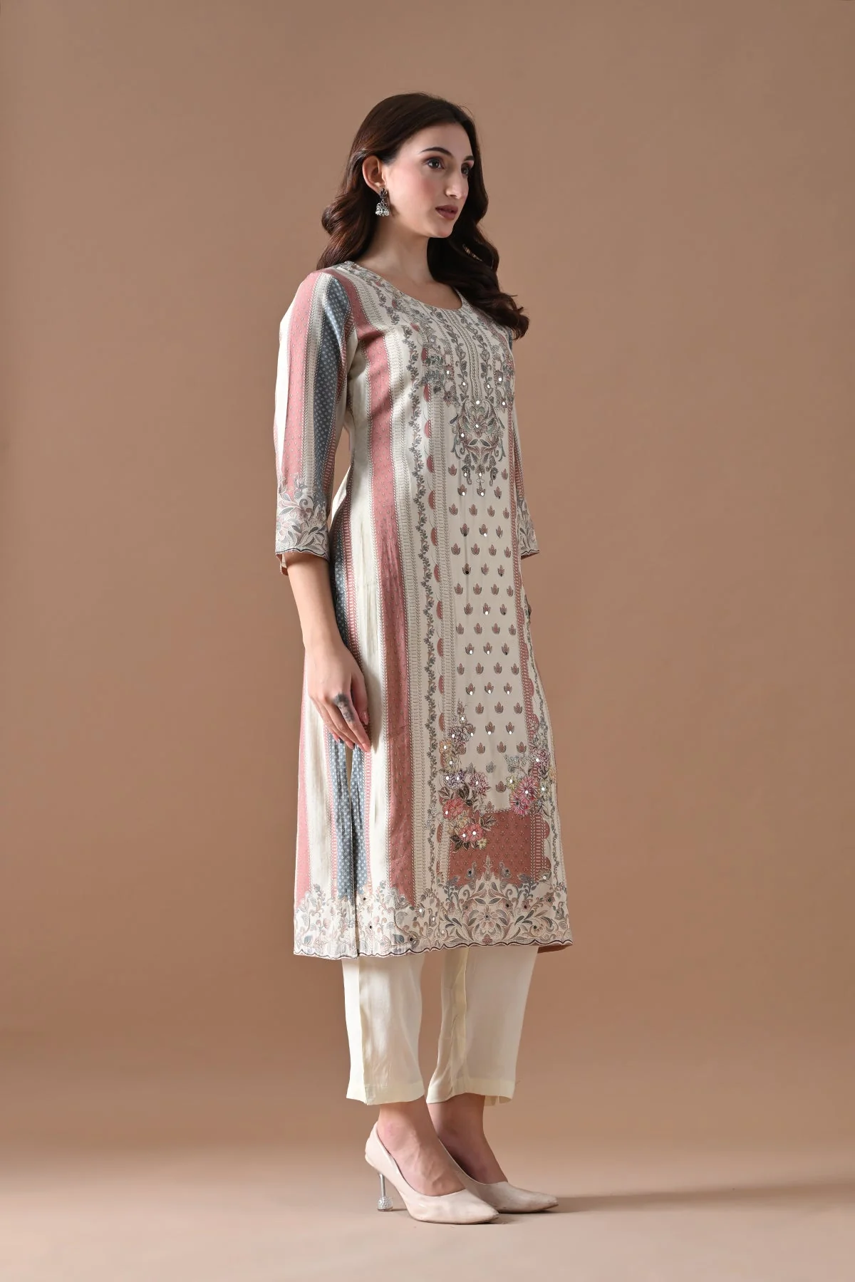 Cream Embellished Kurta 3 Pcs Set - Image 3